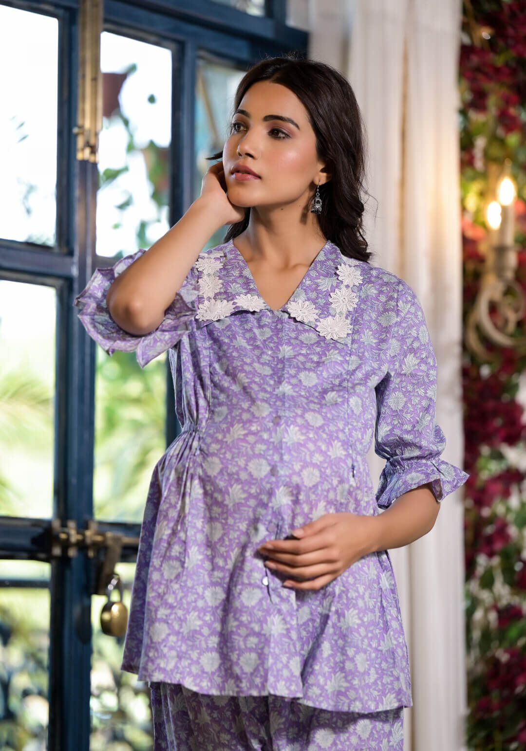 Lavender Floral Printed Cotton Maternity Feeding-Friendly Night Suit