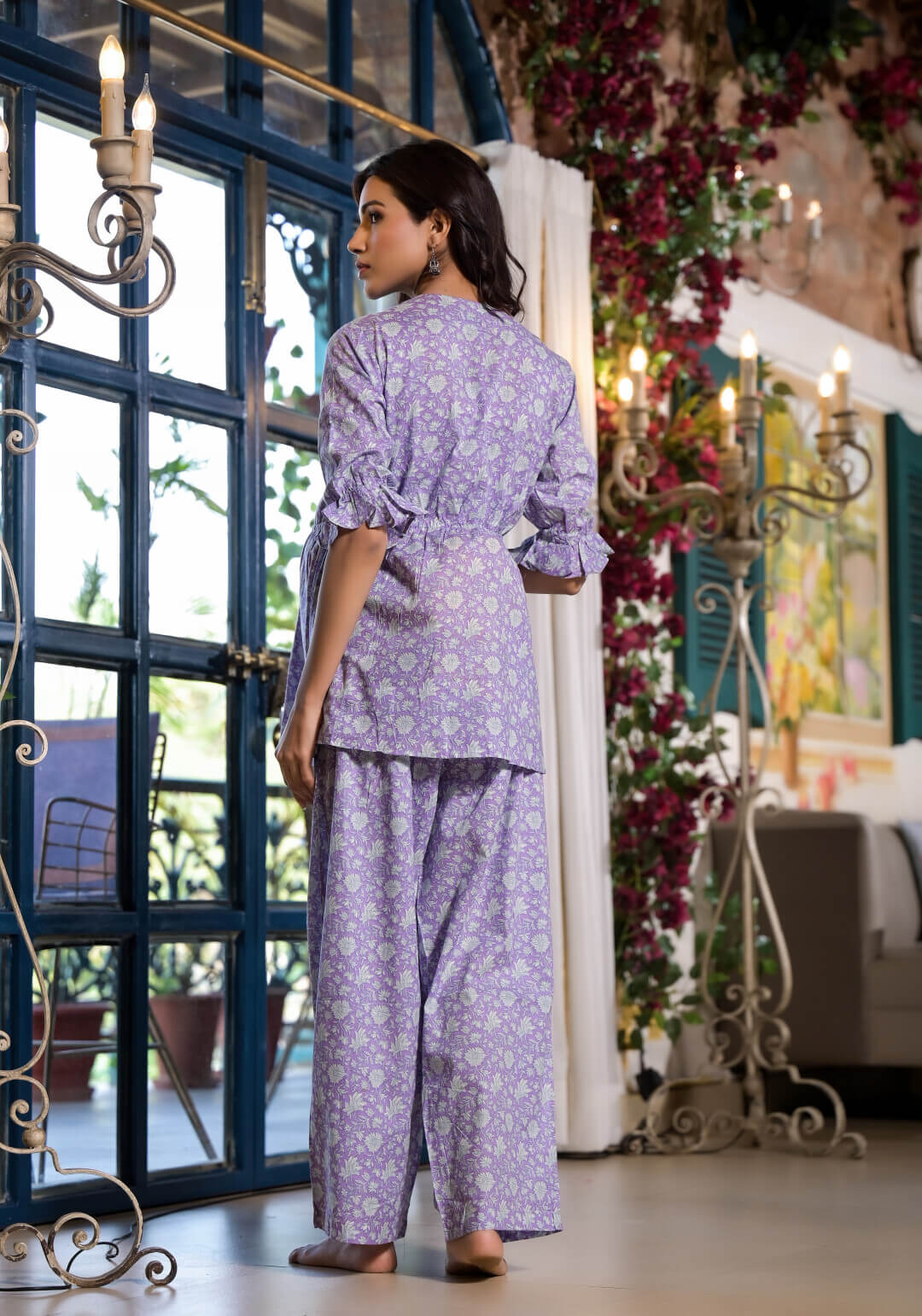 Lavender Floral Printed Cotton Maternity Feeding-Friendly Night Suit