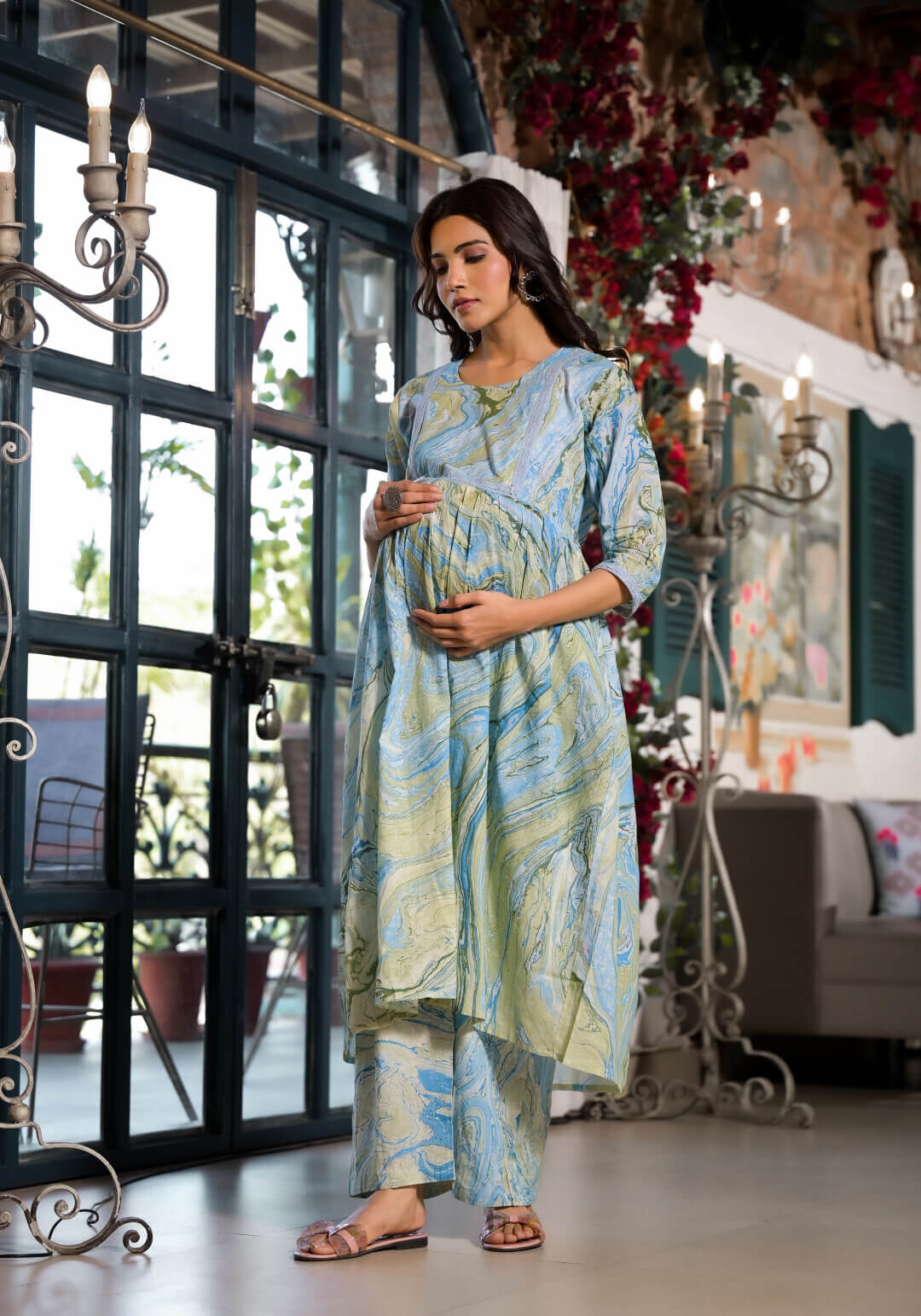 Blue Green Cotton Marble Hand Printed Maternity & Feeding Flare Kurta Set with Concealed Zipper