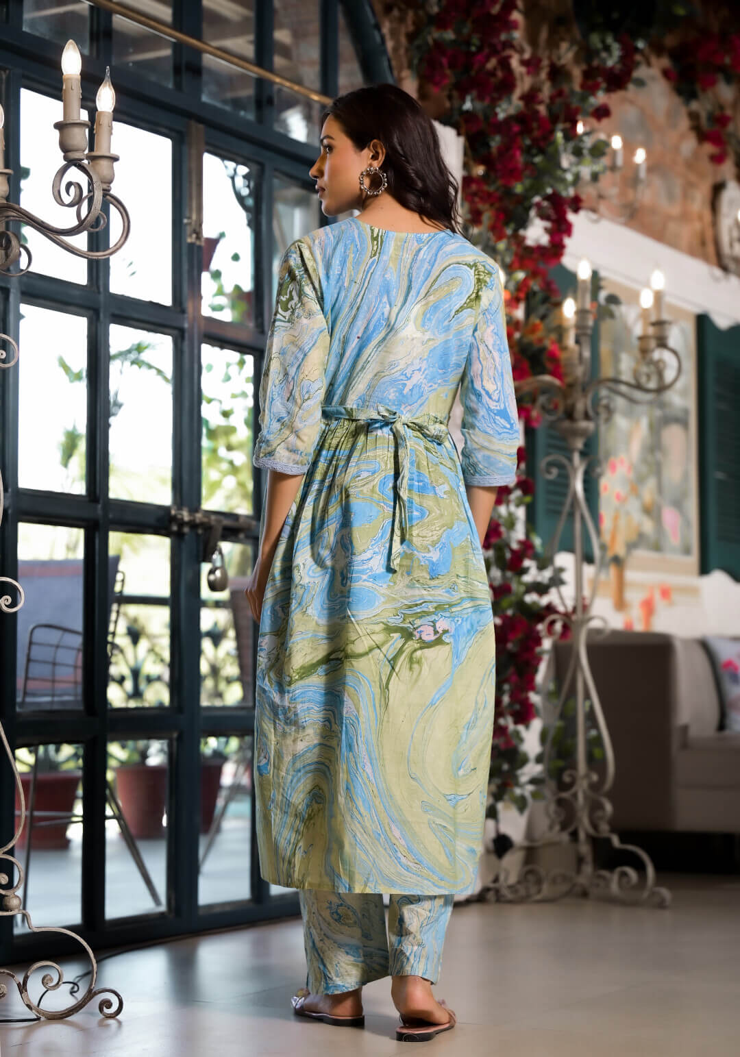 Blue Green Cotton Marble Hand Printed Maternity & Feeding Flare Kurta Set with Concealed Zipper