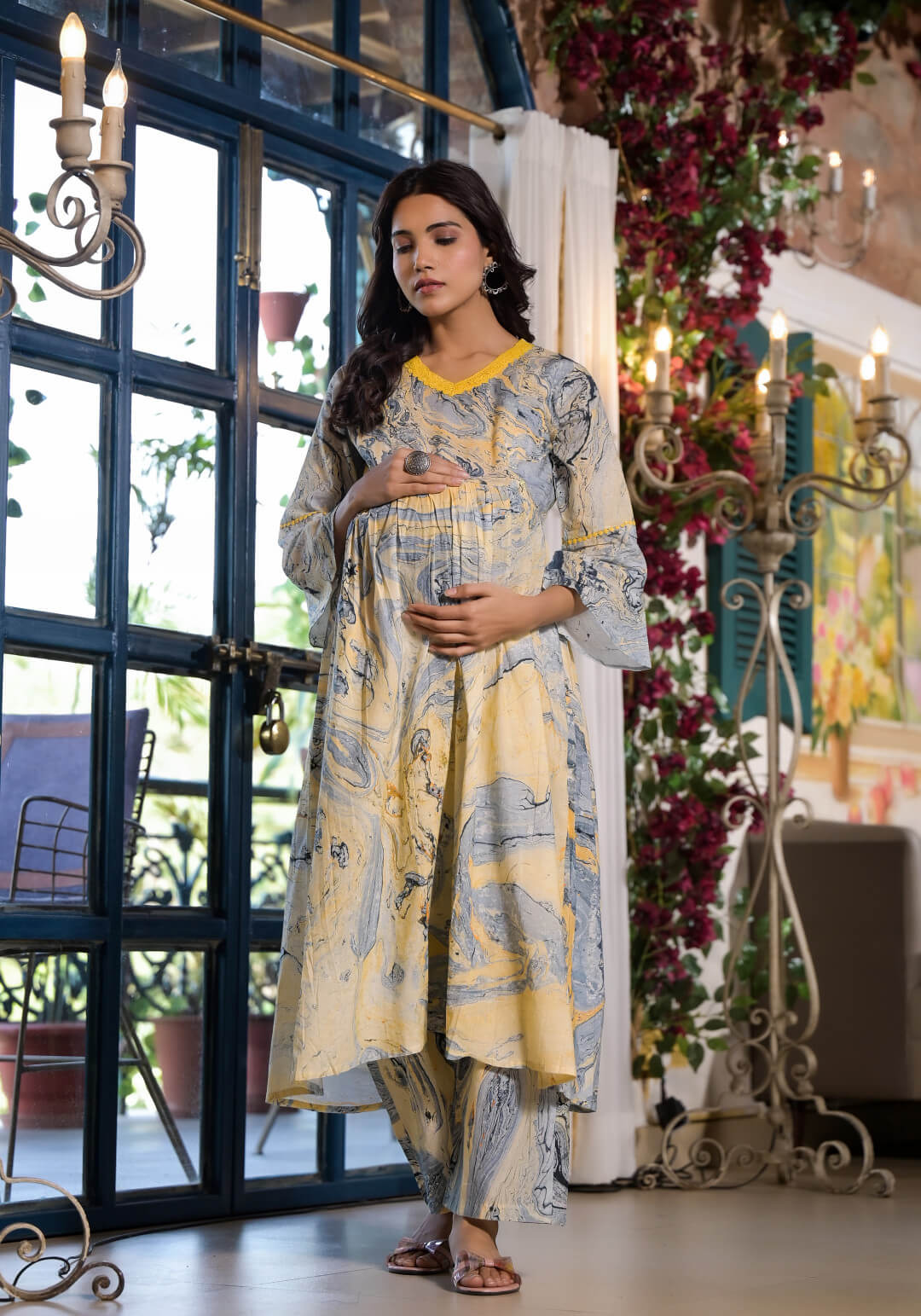 Yellow Grey Cotton Marble Hand Printed Maternity & Feeding Flare Kurta Set with Concealed Zipper