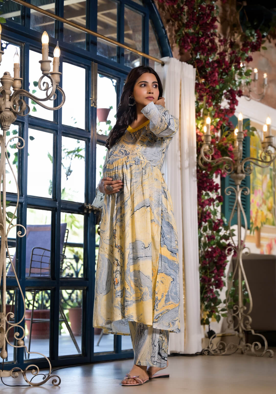 Yellow Grey Cotton Marble Hand Printed Maternity & Feeding Flare Kurta Set with Concealed Zipper