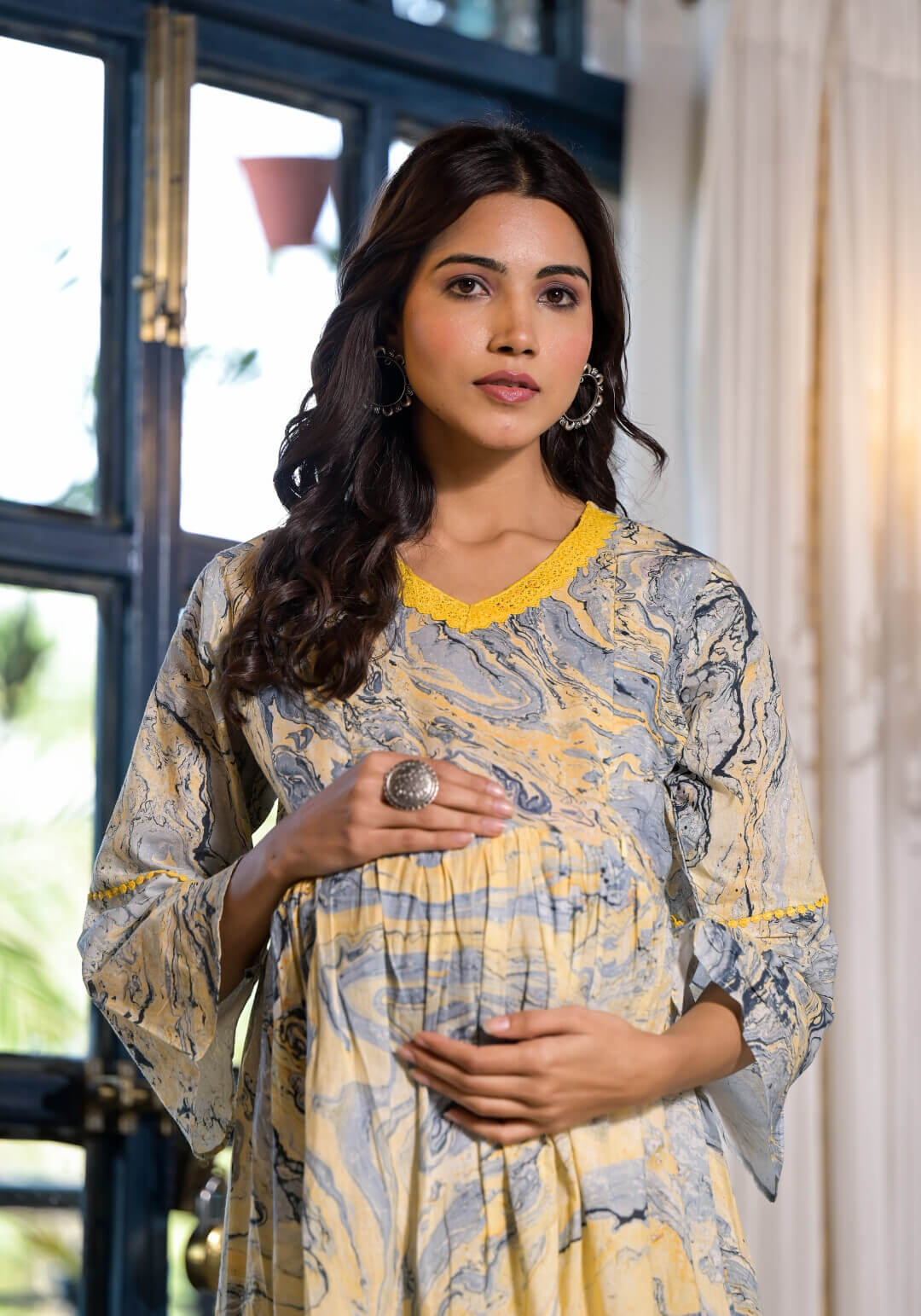 Yellow Grey Cotton Marble Hand Printed Maternity & Feeding Flare Kurta Set with Concealed Zipper
