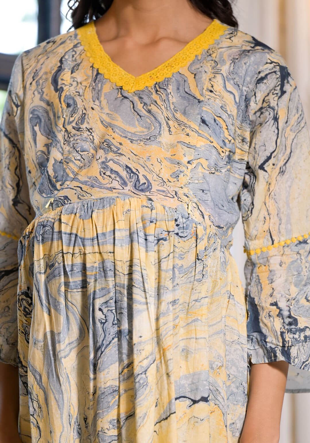 Yellow Grey Cotton Marble Hand Printed Maternity & Feeding Flare Kurta Set with Concealed Zipper