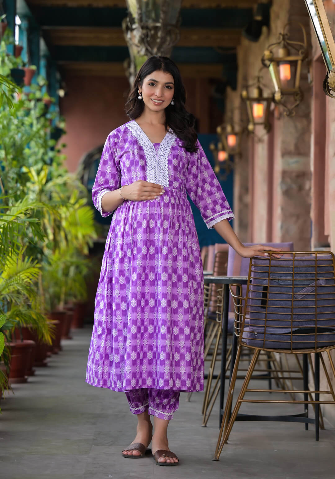 Lavender White Ethnic Print Cotton Maternity & Feeding Flare Kurta Set with Concealed Zipper