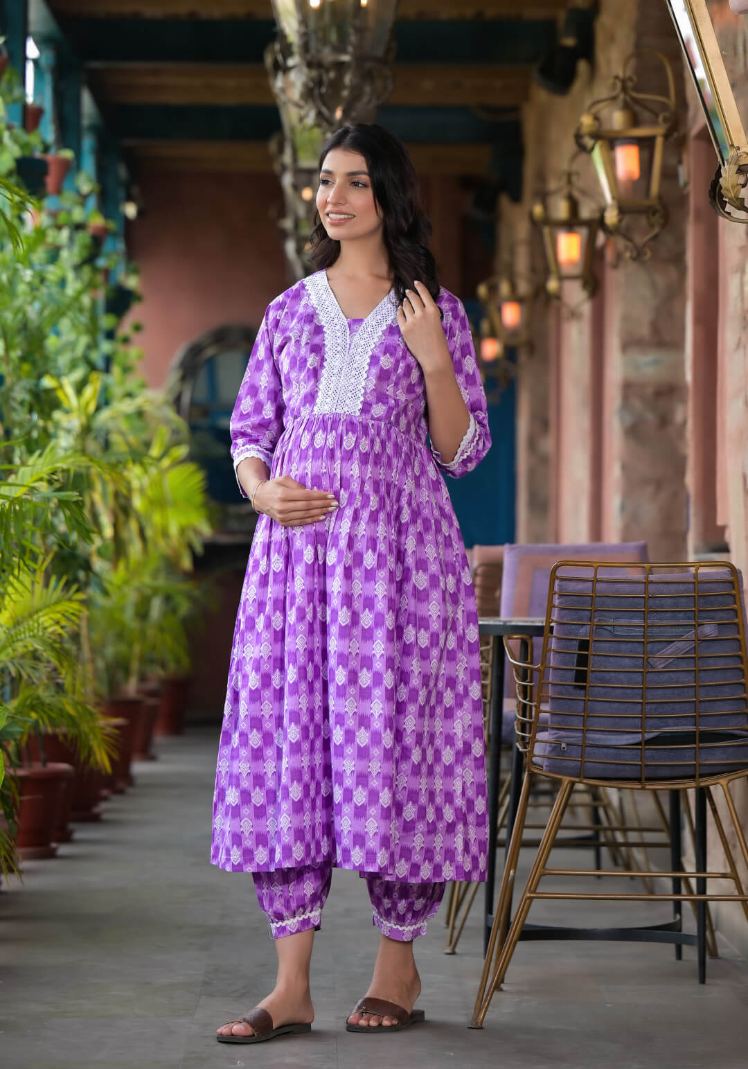 Lavender White Ethnic Print Cotton Maternity & Feeding Flare Kurta Set with Concealed Zipper