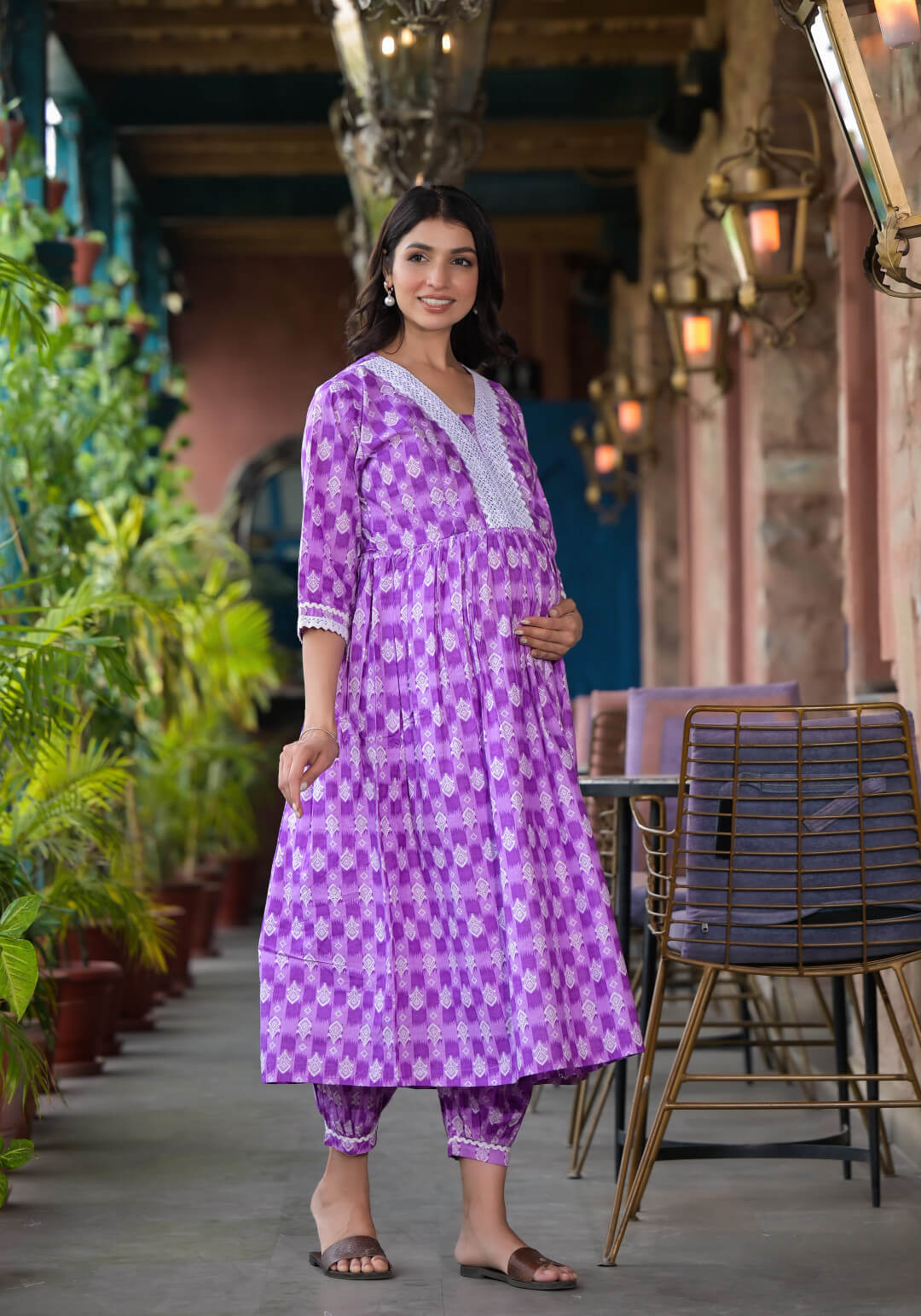 Lavender White Ethnic Print Cotton Maternity & Feeding Flare Kurta Set with Concealed Zipper