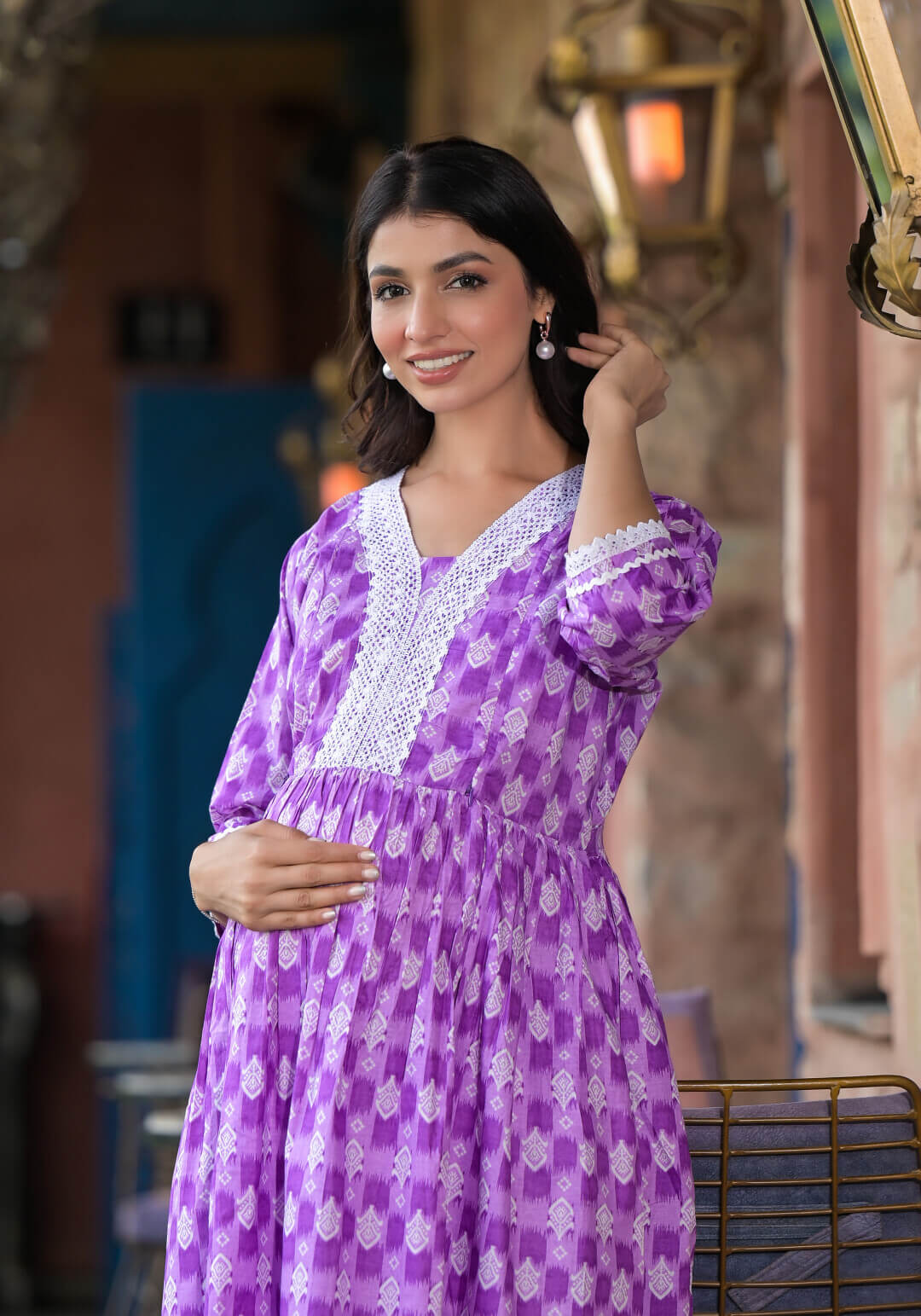 Lavender White Ethnic Print Cotton Maternity & Feeding Flare Kurta Set with Concealed Zipper