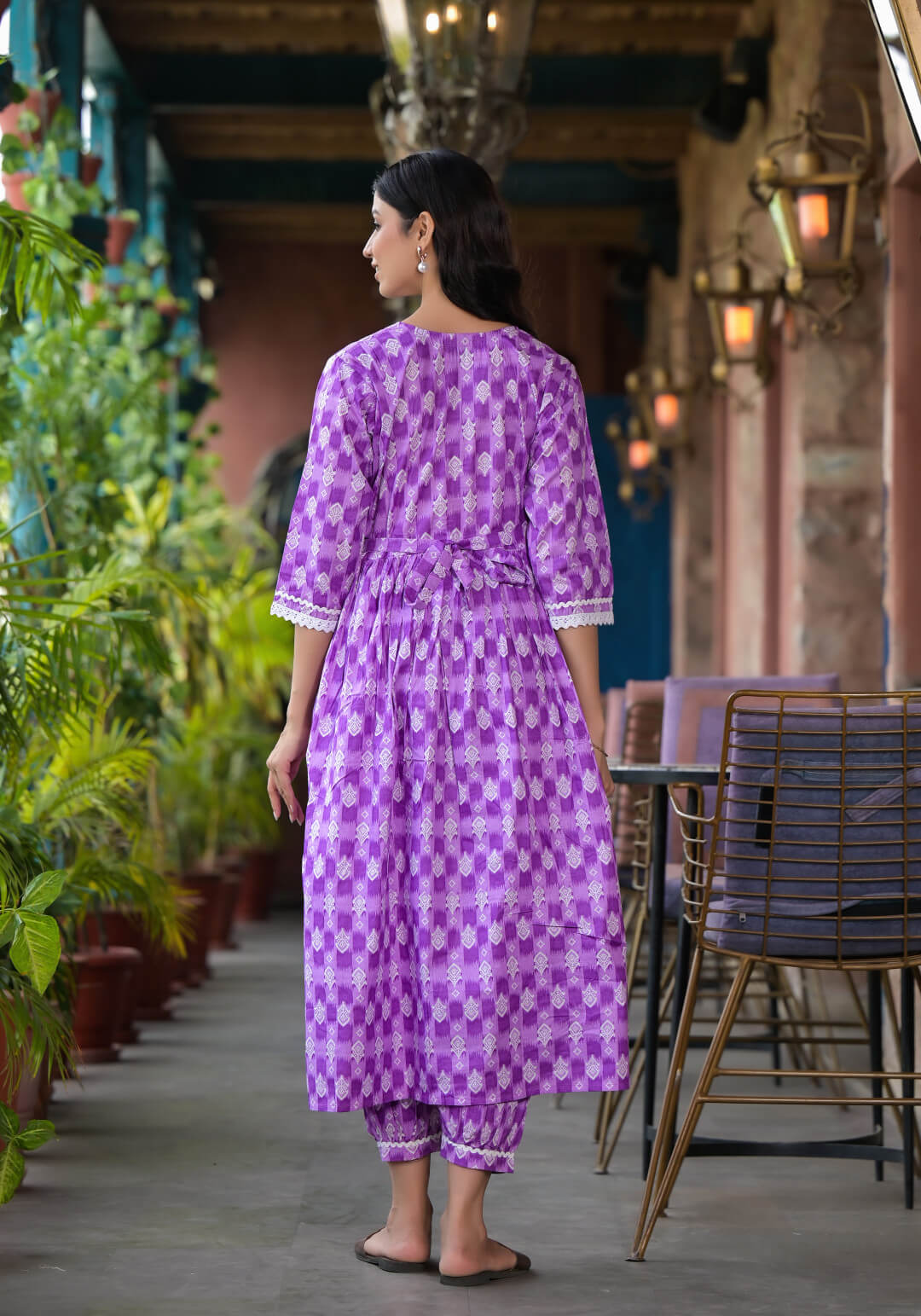 Lavender White Ethnic Print Cotton Maternity & Feeding Flare Kurta Set with Concealed Zipper