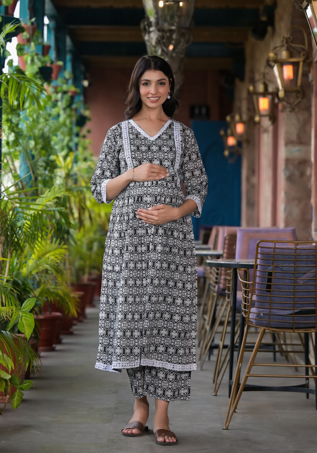 Black White Ethnic Print Cotton Maternity & Feeding Flare Kurta Set with Concealed Zipper