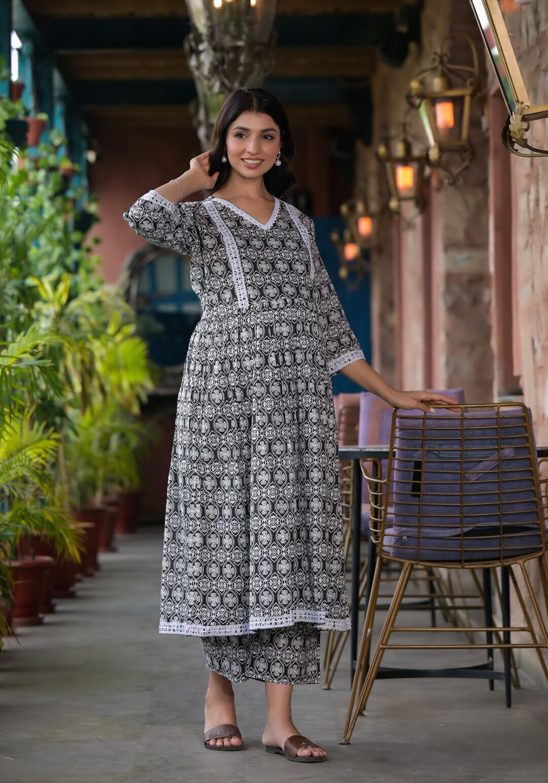 Black White Ethnic Print Cotton Maternity & Feeding Flare Kurta Set with Concealed Zipper