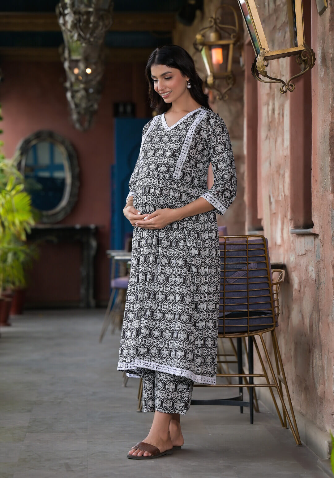 Black White Ethnic Print Cotton Maternity & Feeding Flare Kurta Set with Concealed Zipper