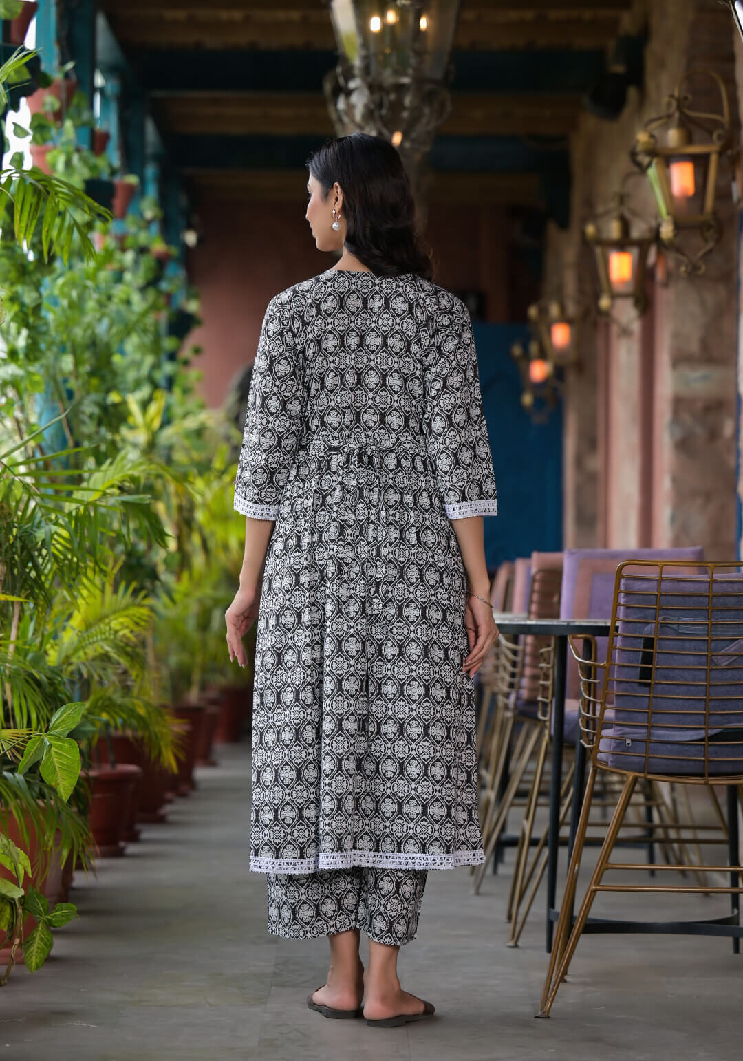 Black White Ethnic Print Cotton Maternity & Feeding Flare Kurta Set with Concealed Zipper