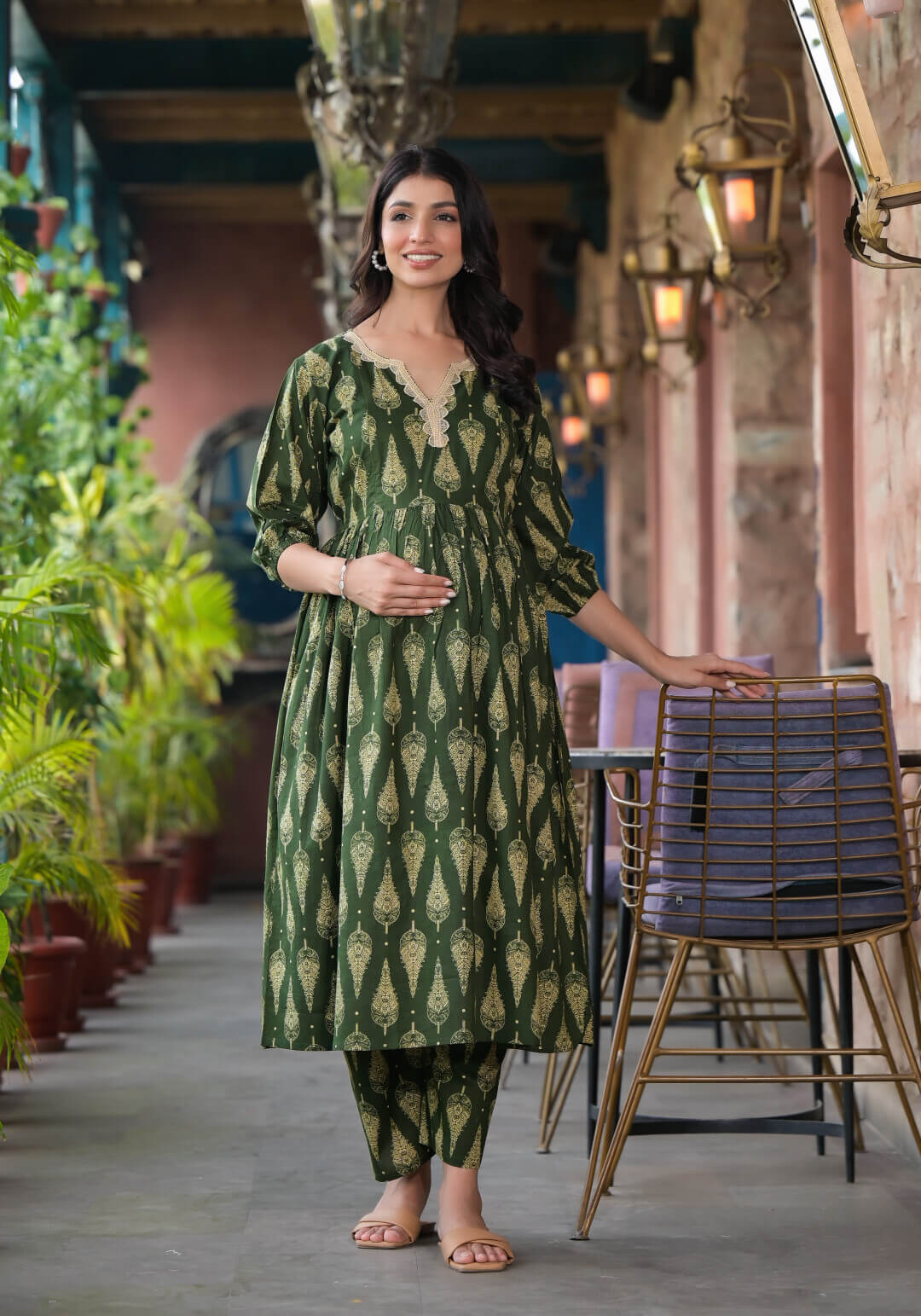 Bottle Green Ethnic Print Cotton Maternity & Feeding Flare Kurta Set with Concealed Zipper