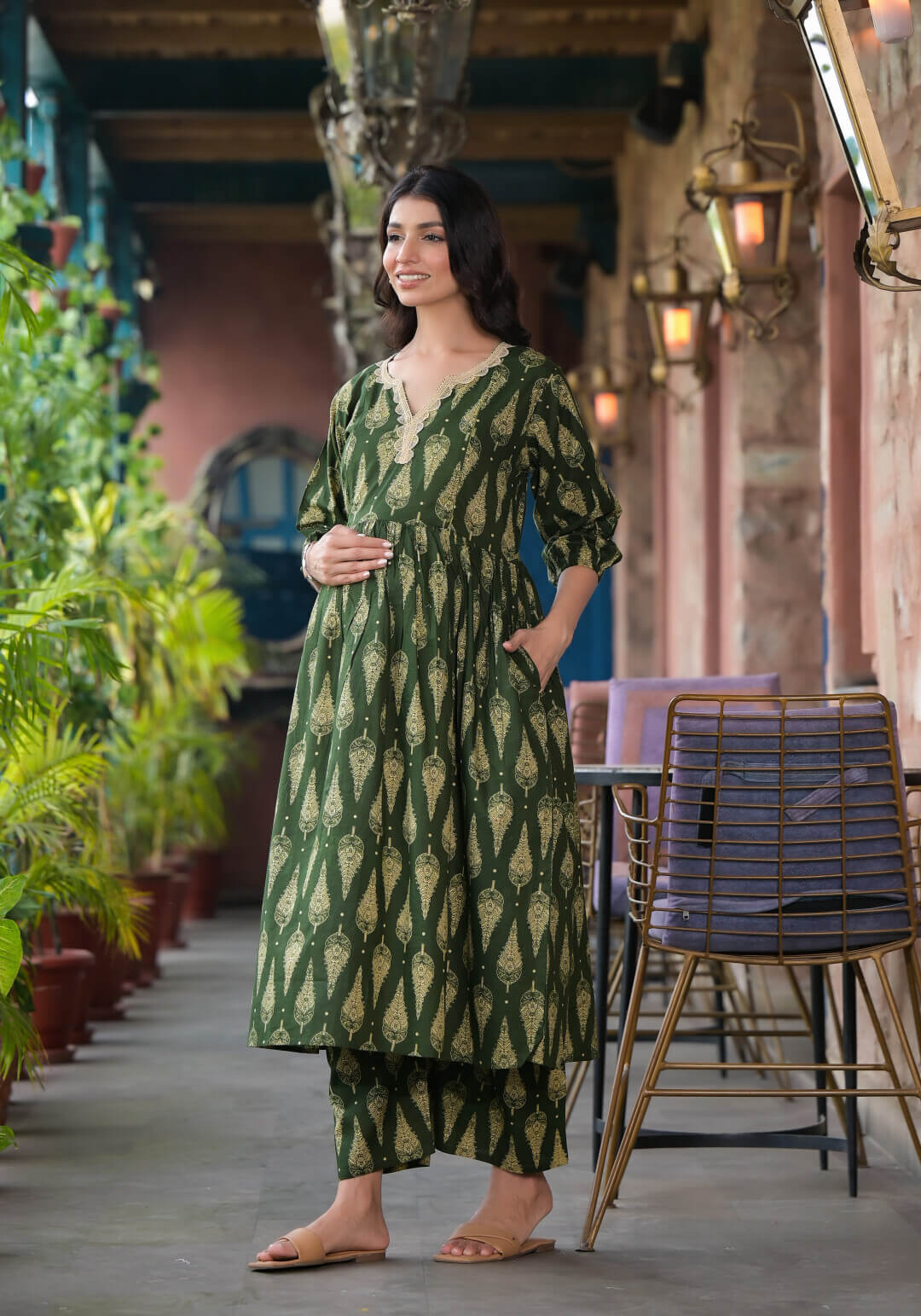 Bottle Green Ethnic Print Cotton Maternity & Feeding Flare Kurta Set with Concealed Zipper