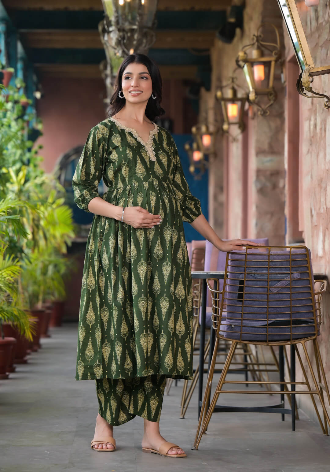 Bottle Green Ethnic Print Cotton Maternity & Feeding Flare Kurta Set with Concealed Zipper