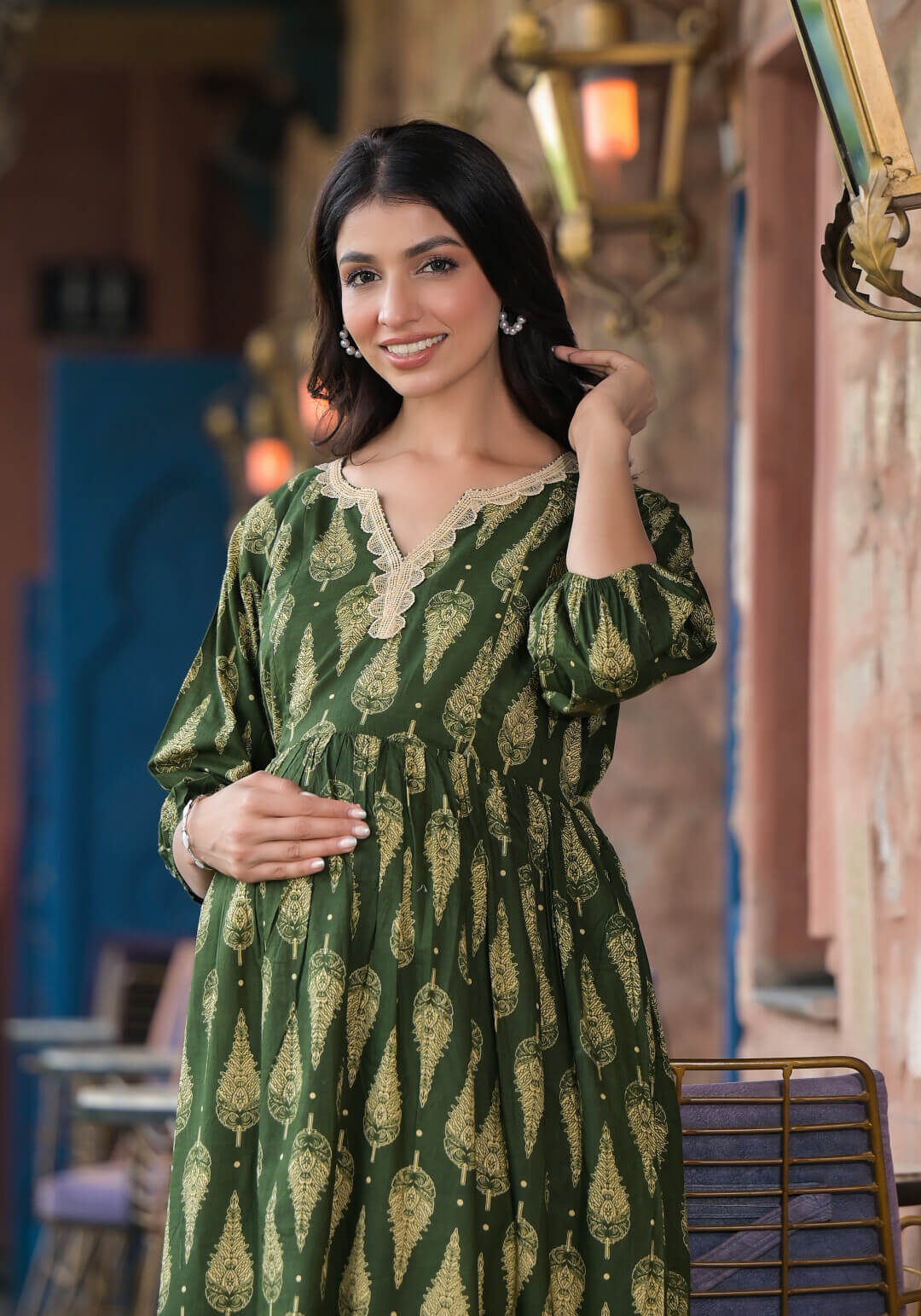 Bottle Green Ethnic Print Cotton Maternity & Feeding Flare Kurta Set with Concealed Zipper