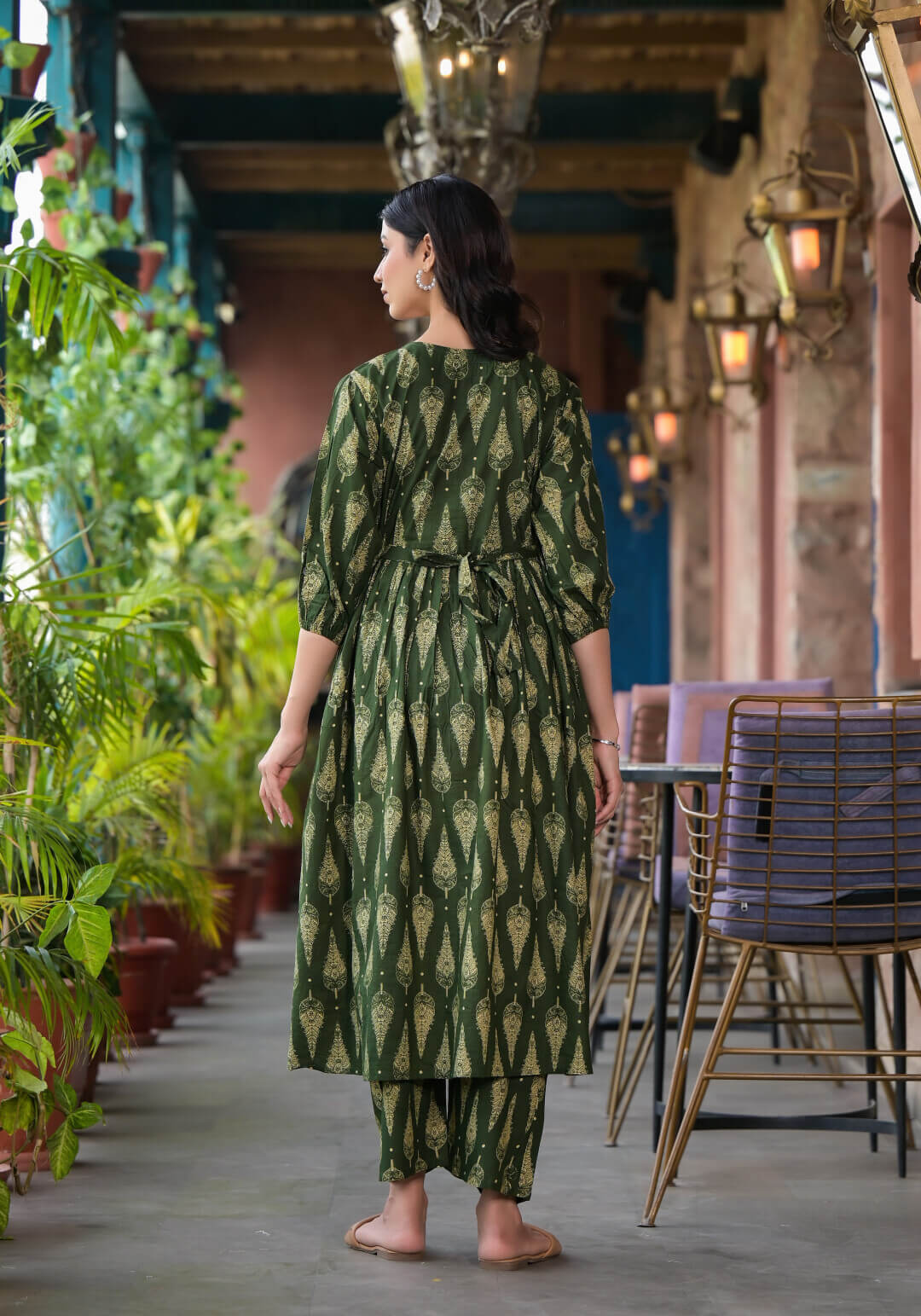 Bottle Green Ethnic Print Cotton Maternity & Feeding Flare Kurta Set with Concealed Zipper
