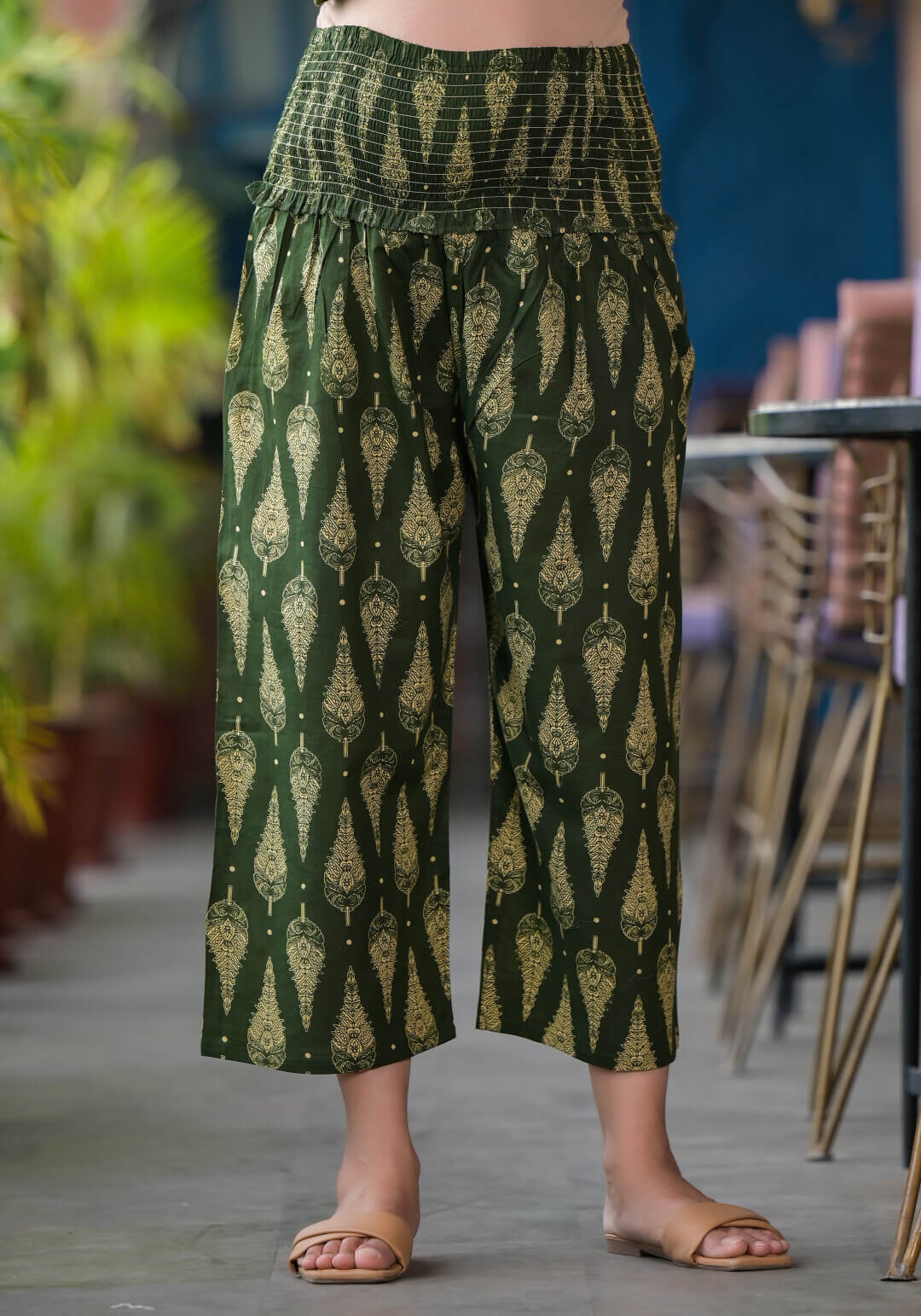 Bottle Green Ethnic Print Cotton Maternity & Feeding Flare Kurta Set with Concealed Zipper