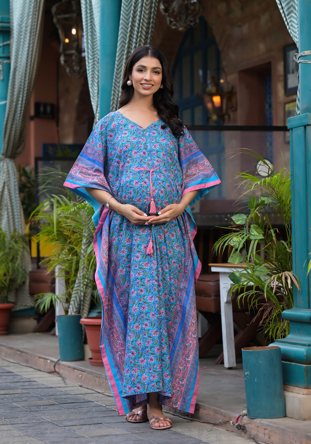 Turquoise Multi Floral Print Maternity & Feeding Kaftan Dress with Concealed Zipper