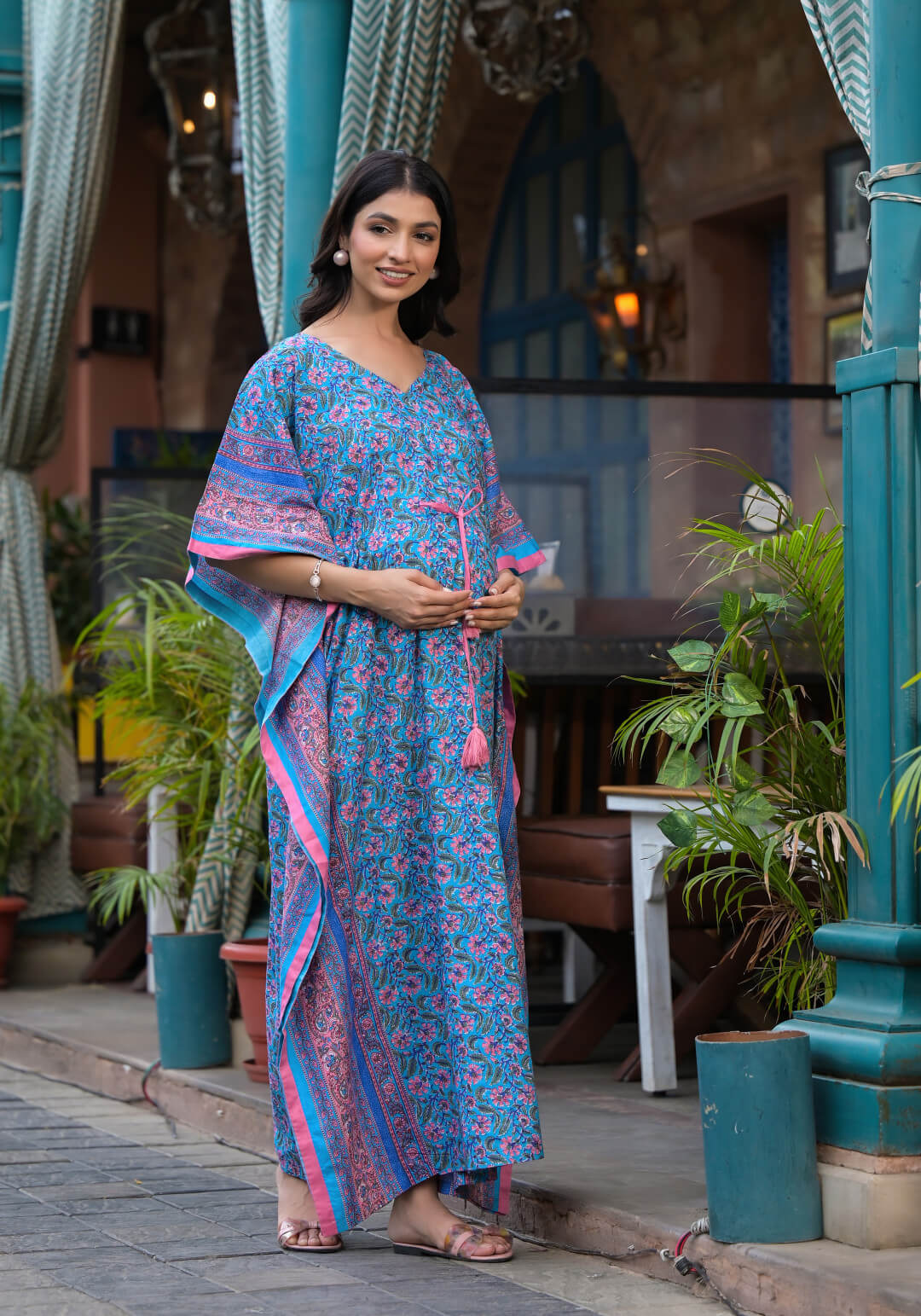 Turquoise Multi Floral Print Maternity & Feeding Kaftan Dress with Concealed Zipper