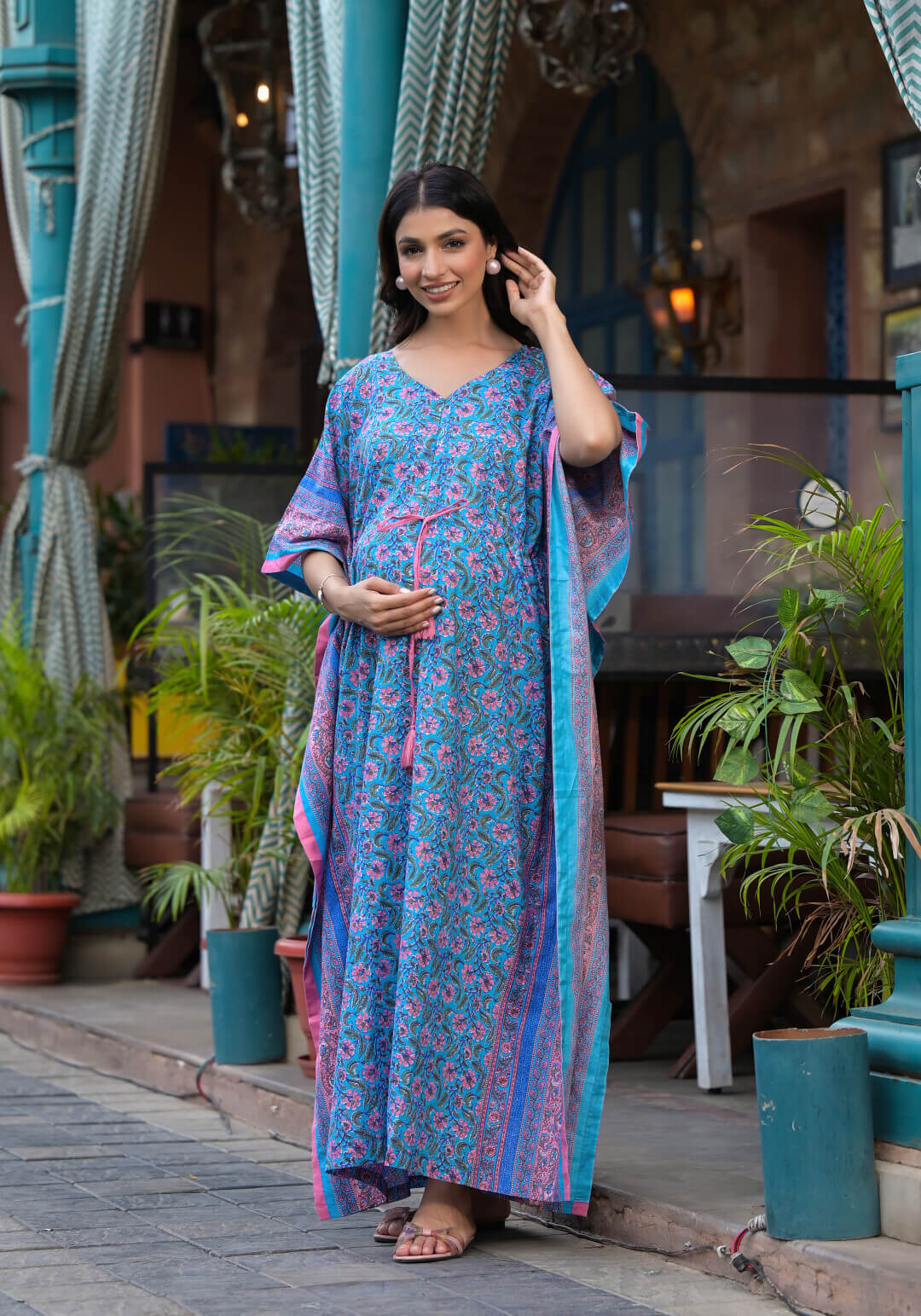 Turquoise Multi Floral Print Maternity & Feeding Kaftan Dress with Concealed Zipper