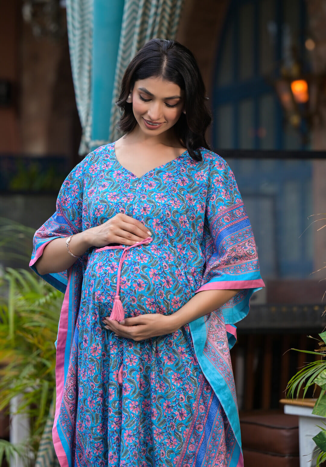 Turquoise Multi Floral Print Maternity & Feeding Kaftan Dress with Concealed Zipper