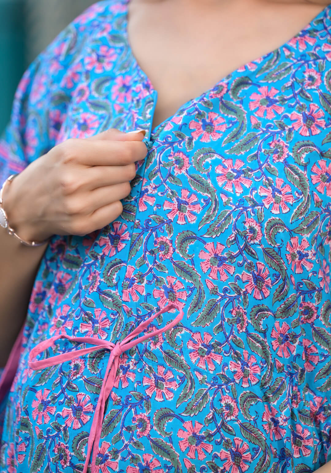 Turquoise Multi Floral Print Maternity & Feeding Kaftan Dress with Concealed Zipper