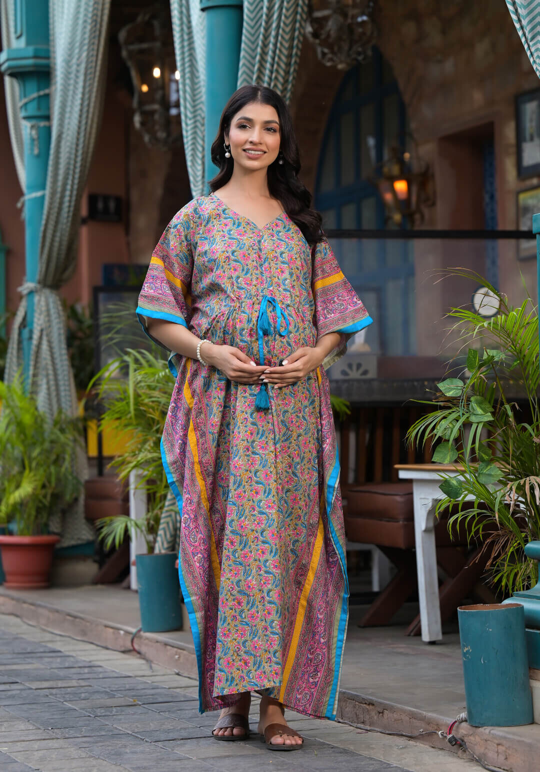 Olive Green Multi Floral Print Maternity & Feeding Kaftan Dress with Concealed Zipper