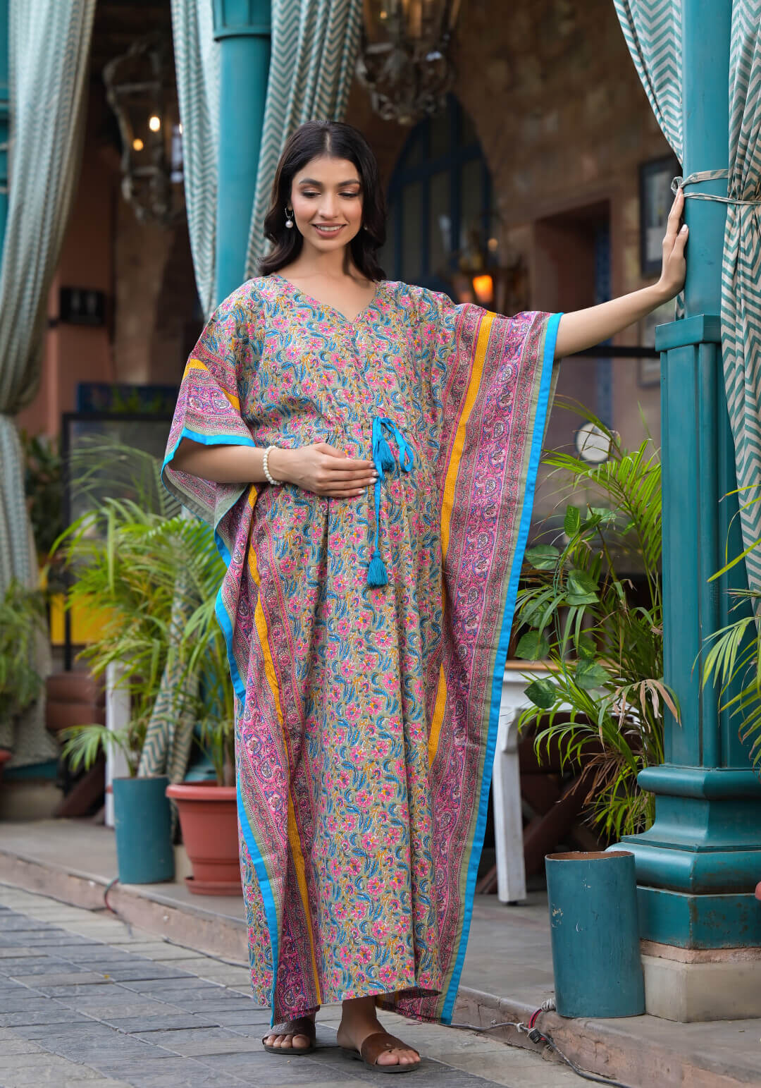 Olive Green Multi Floral Print Maternity & Feeding Kaftan Dress with Concealed Zipper