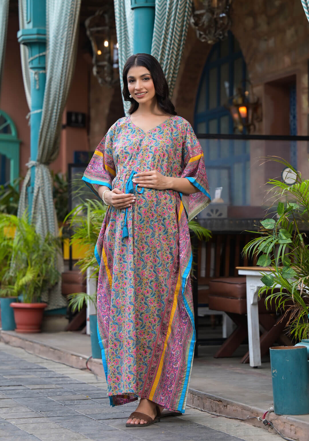Olive Green Multi Floral Print Maternity & Feeding Kaftan Dress with Concealed Zipper