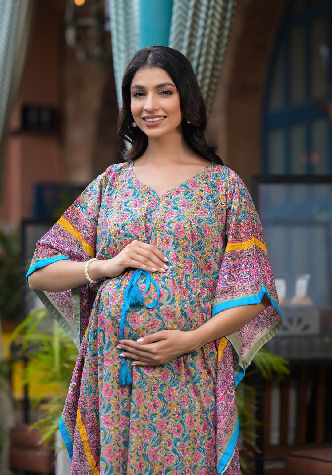 Olive Green Multi Floral Print Maternity & Feeding Kaftan Dress with Concealed Zipper