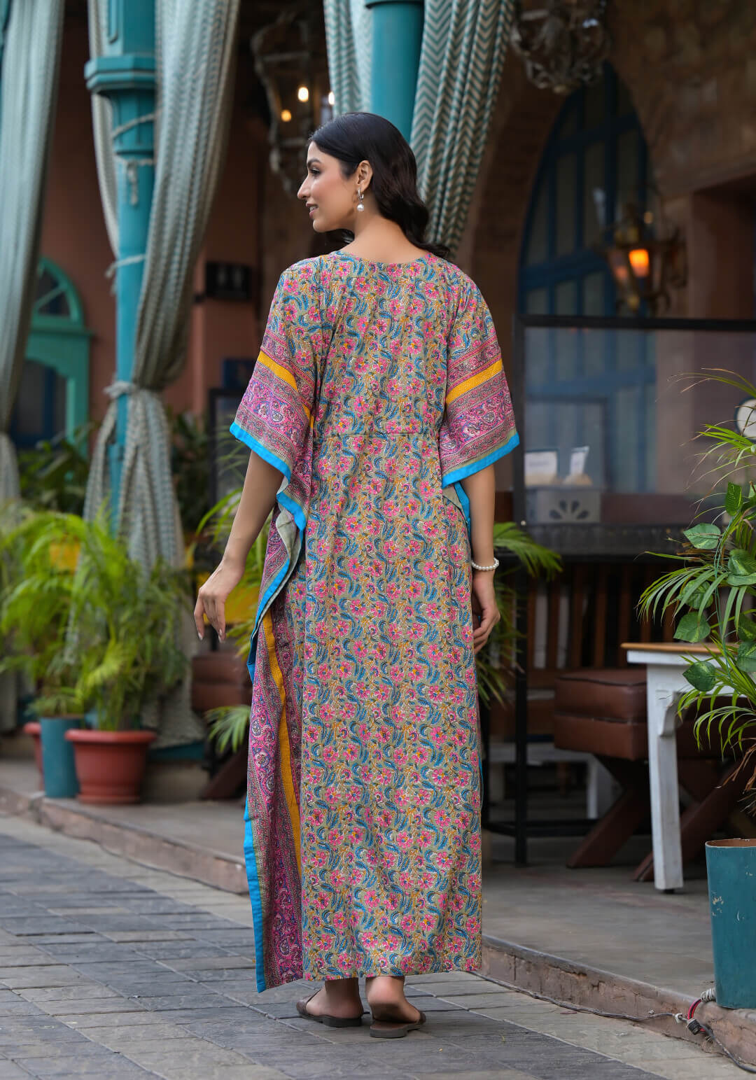 Olive Green Multi Floral Print Maternity & Feeding Kaftan Dress with Concealed Zipper