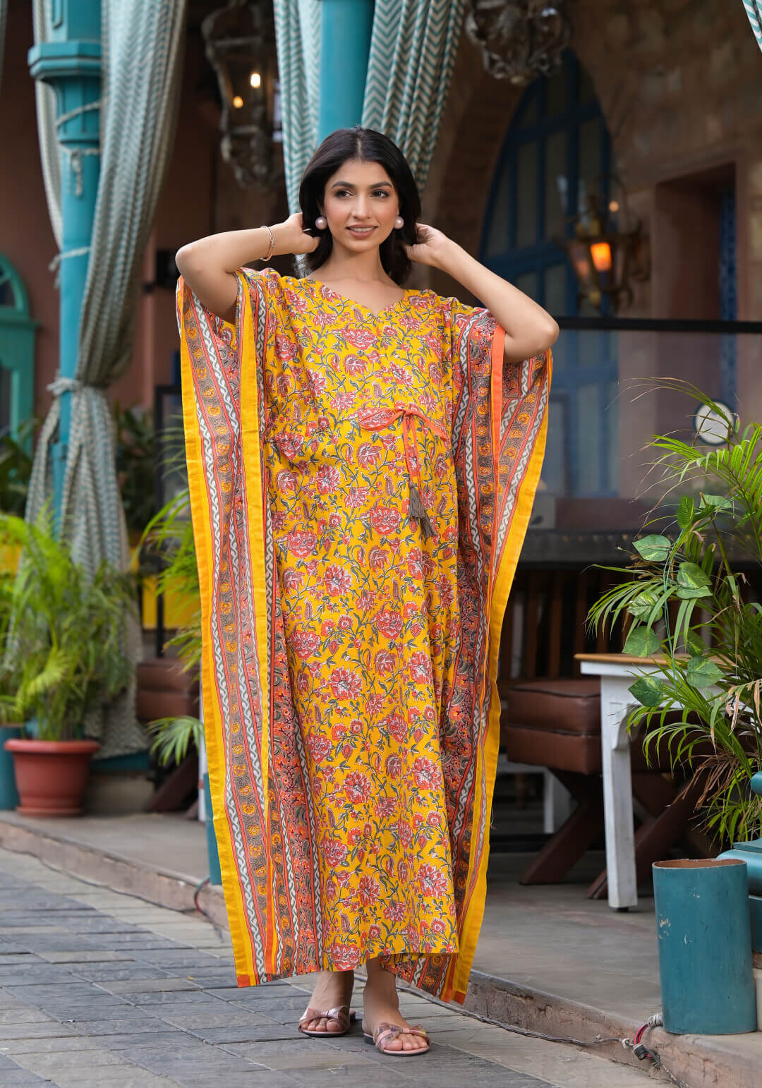 Yellow Multi Floral Print Maternity & Feeding Kaftan Dress with Concealed Zipper
