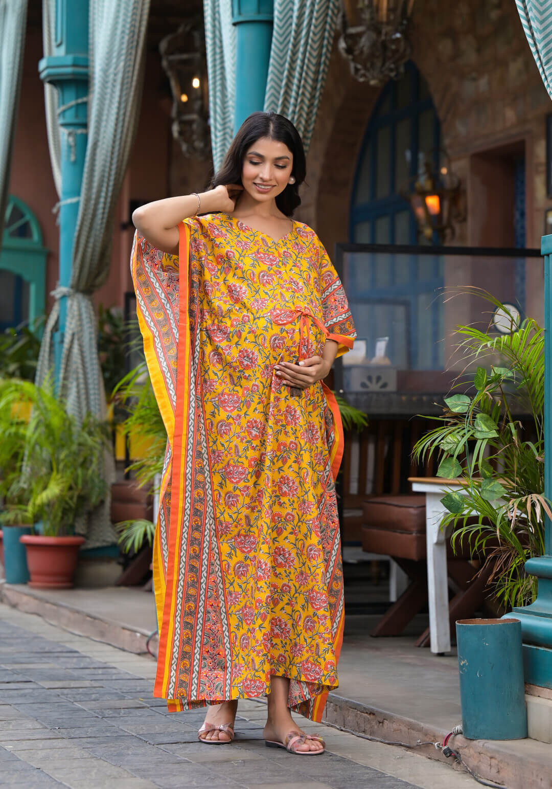 Yellow Multi Floral Print Maternity & Feeding Kaftan Dress with Concealed Zipper