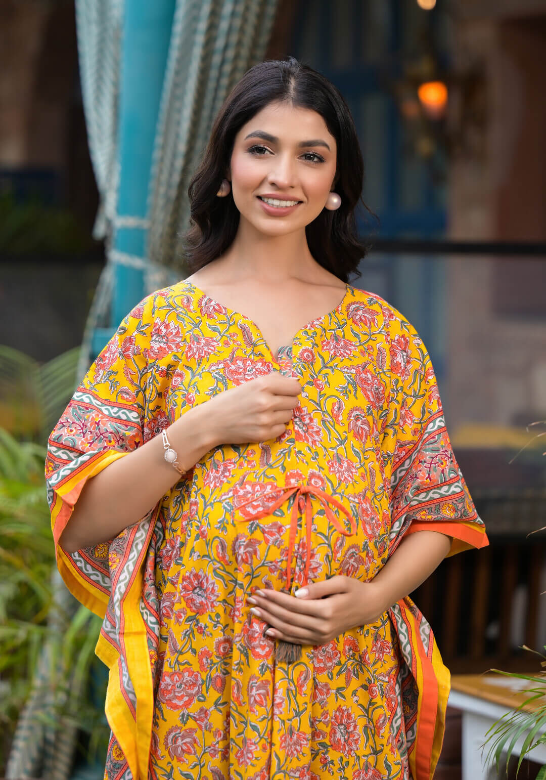 Yellow Multi Floral Print Maternity & Feeding Kaftan Dress with Concealed Zipper
