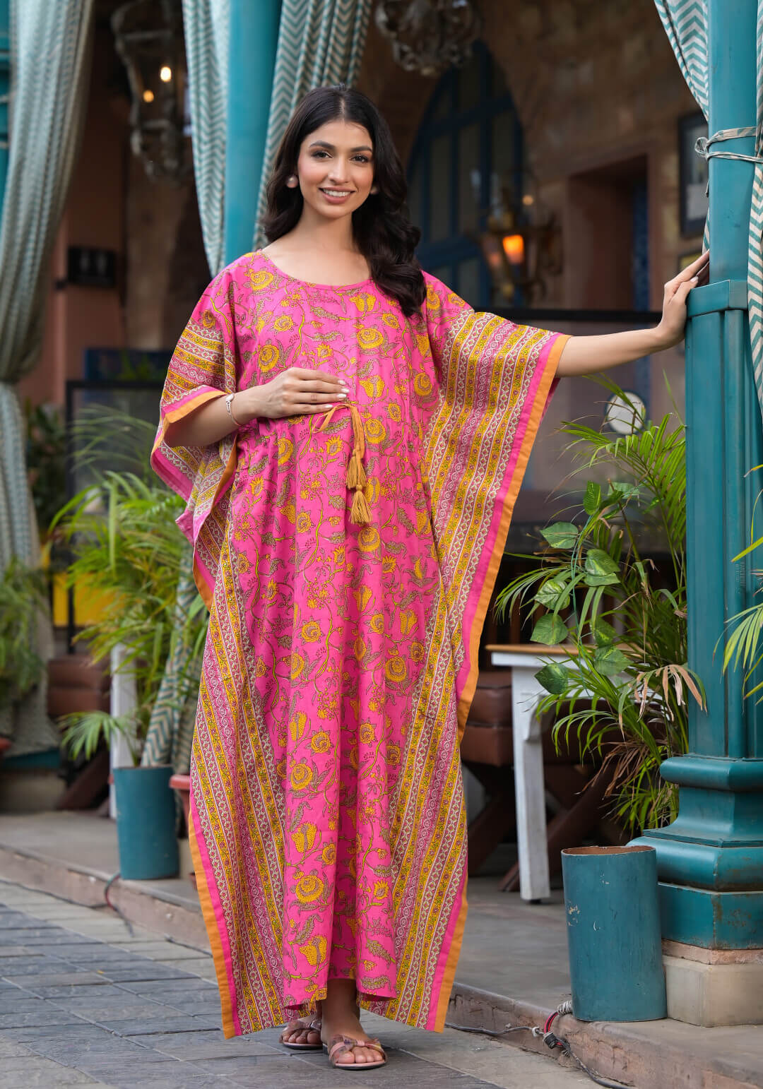 Pink Multi Floral Print Maternity & Feeding Kaftan Dress with Concealed Zipper