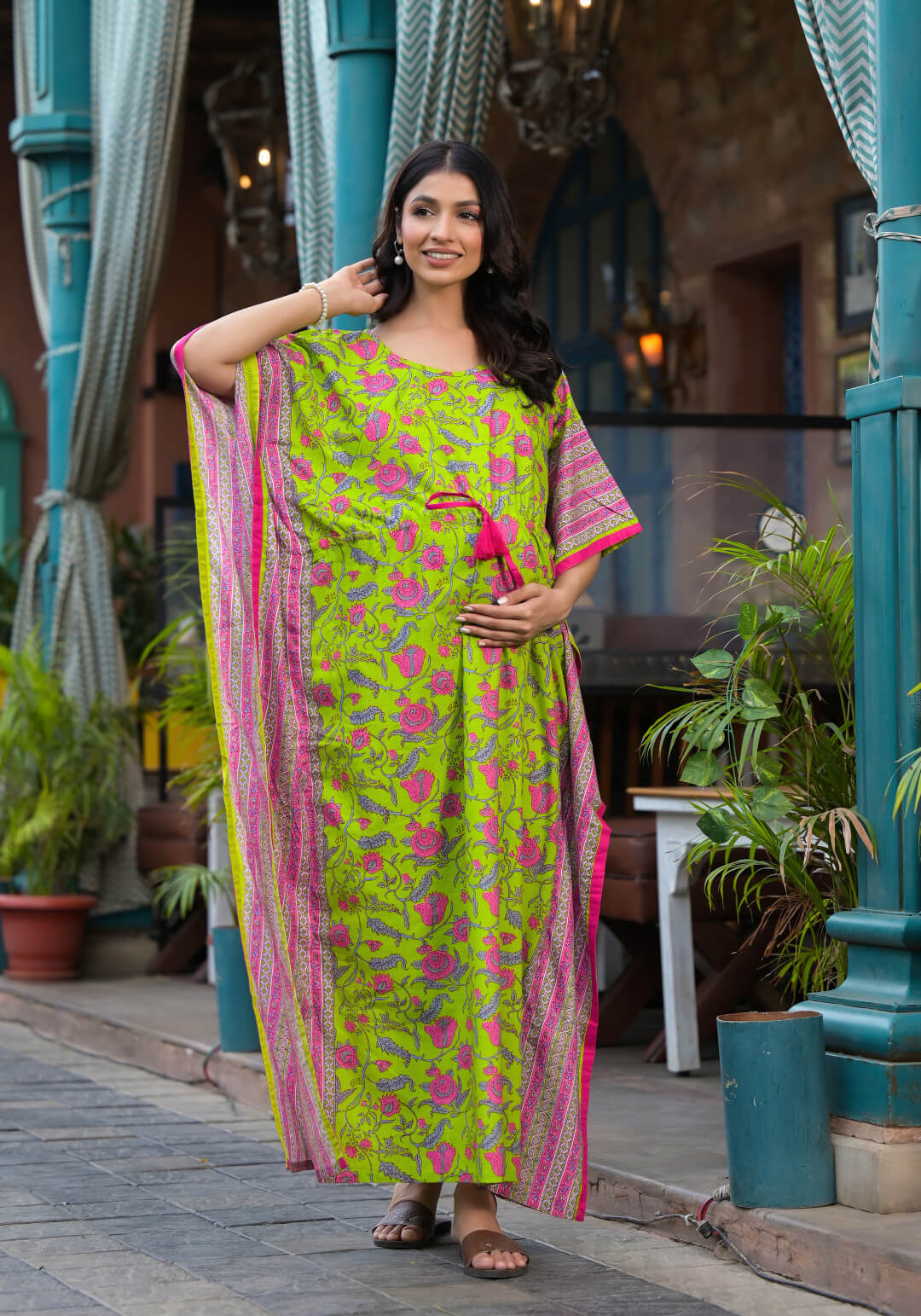 Green Multi Floral Print Maternity & Feeding Kaftan Dress with Concealed Zipper