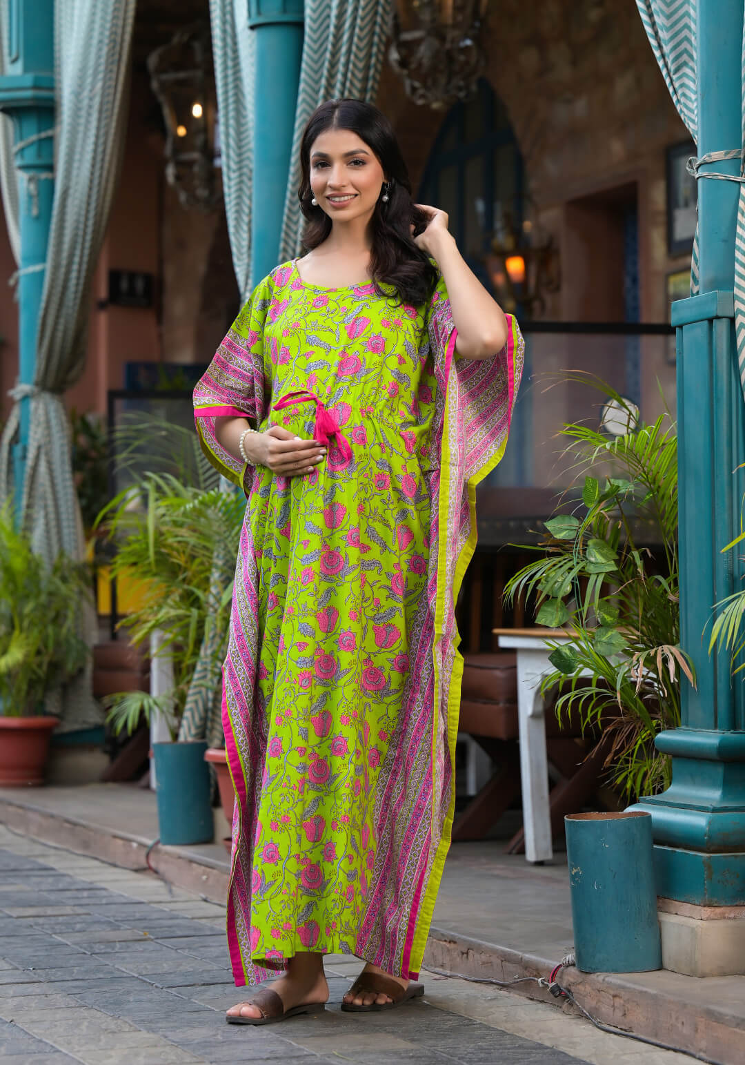 Green Multi Floral Print Maternity & Feeding Kaftan Dress with Concealed Zipper