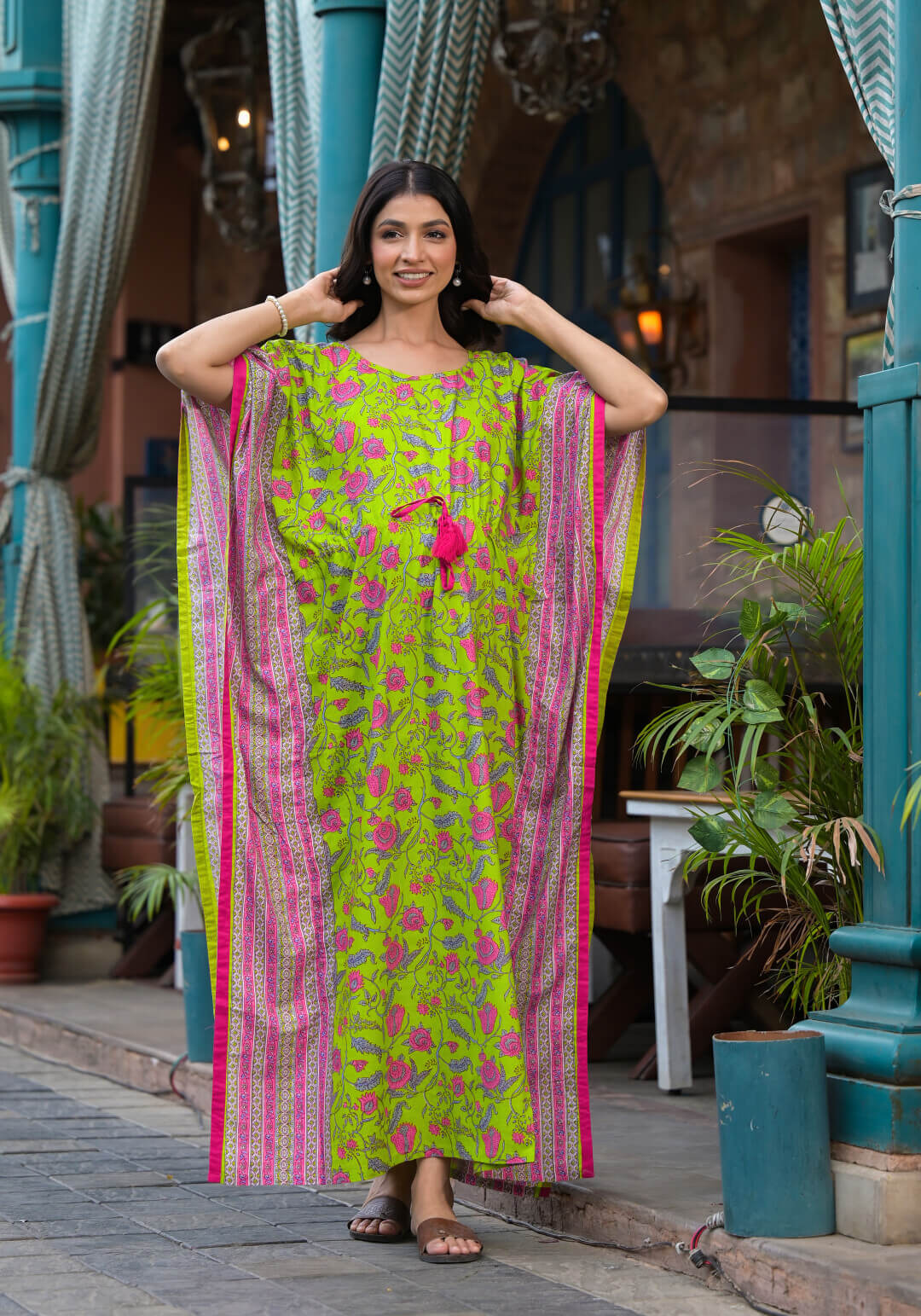 Green Multi Floral Print Maternity & Feeding Kaftan Dress with Concealed Zipper