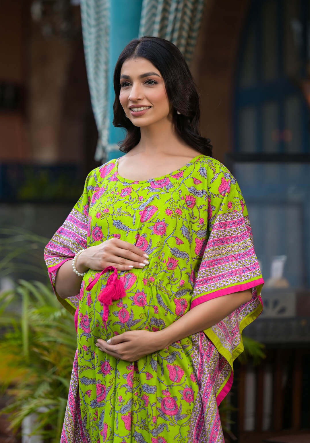 Green Multi Floral Print Maternity & Feeding Kaftan Dress with Concealed Zipper