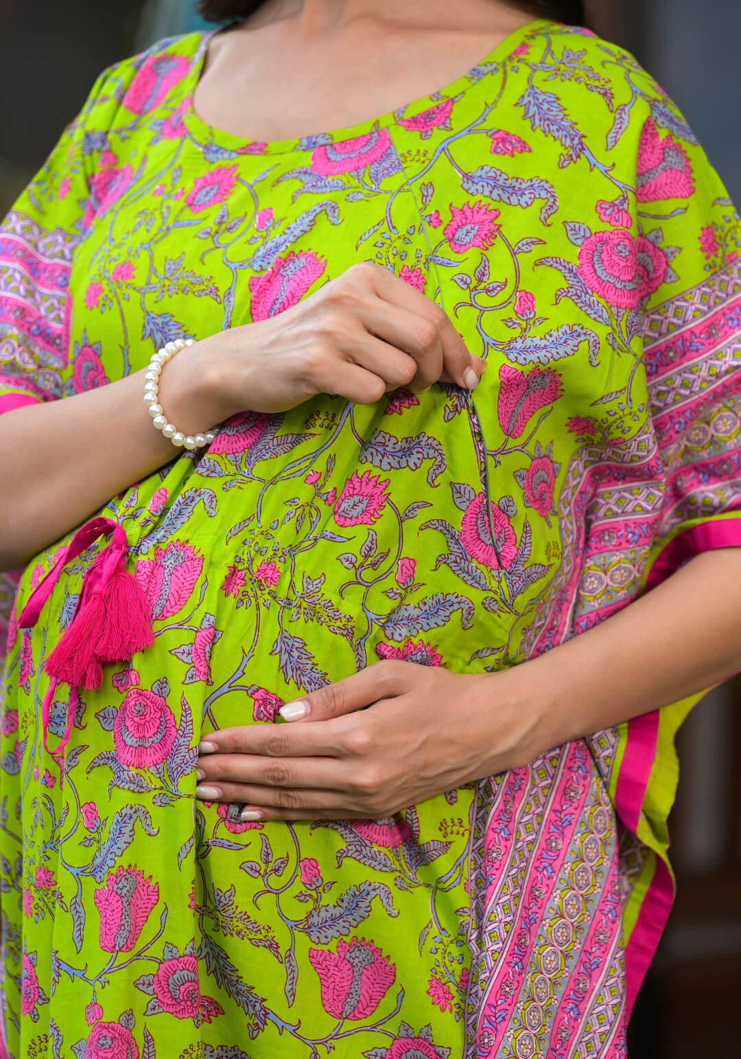 Green Multi Floral Print Maternity & Feeding Kaftan Dress with Concealed Zipper
