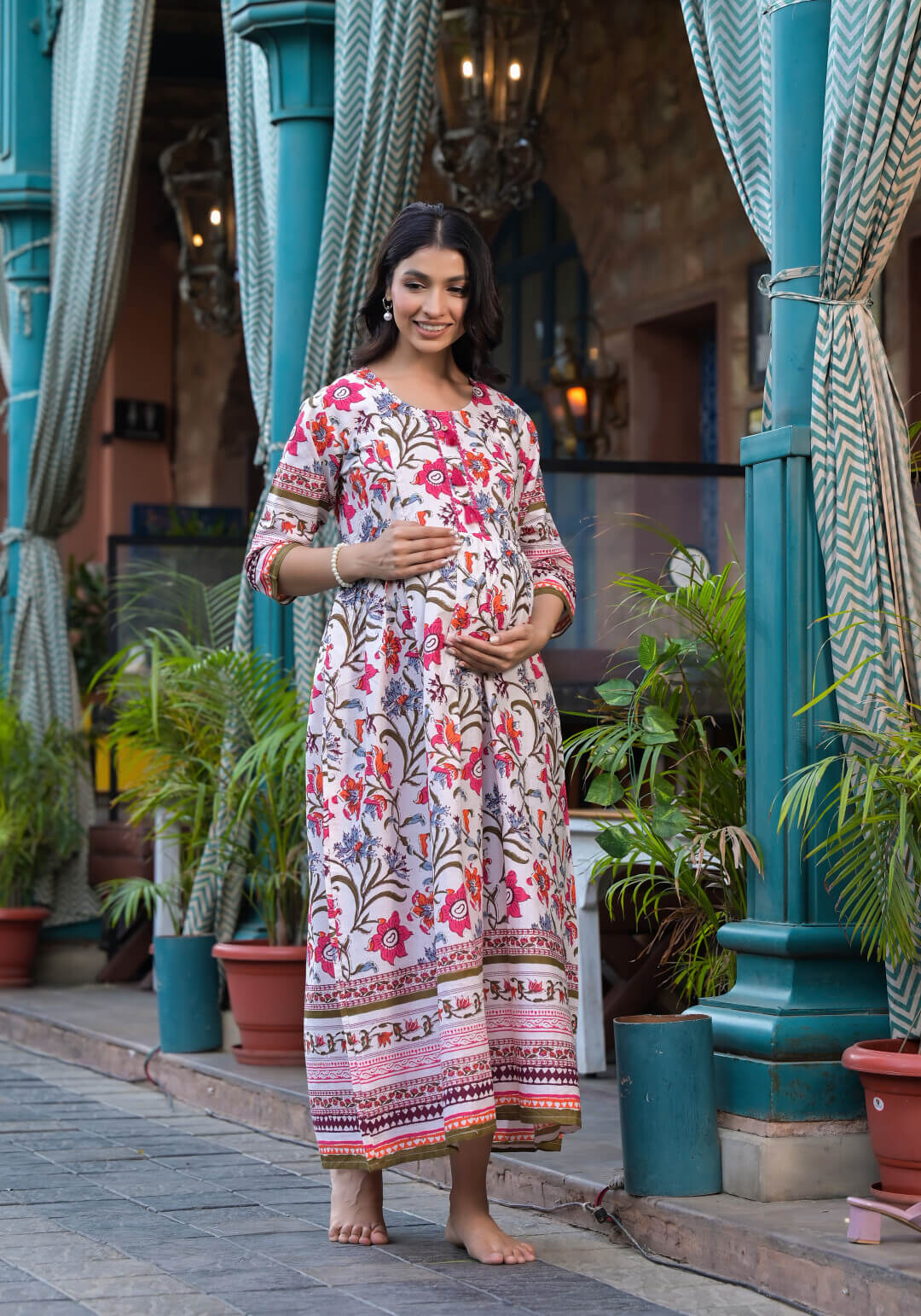 Cream Multi Floral Print Maternity & Feeding Midi Dress with Concealed Zipper