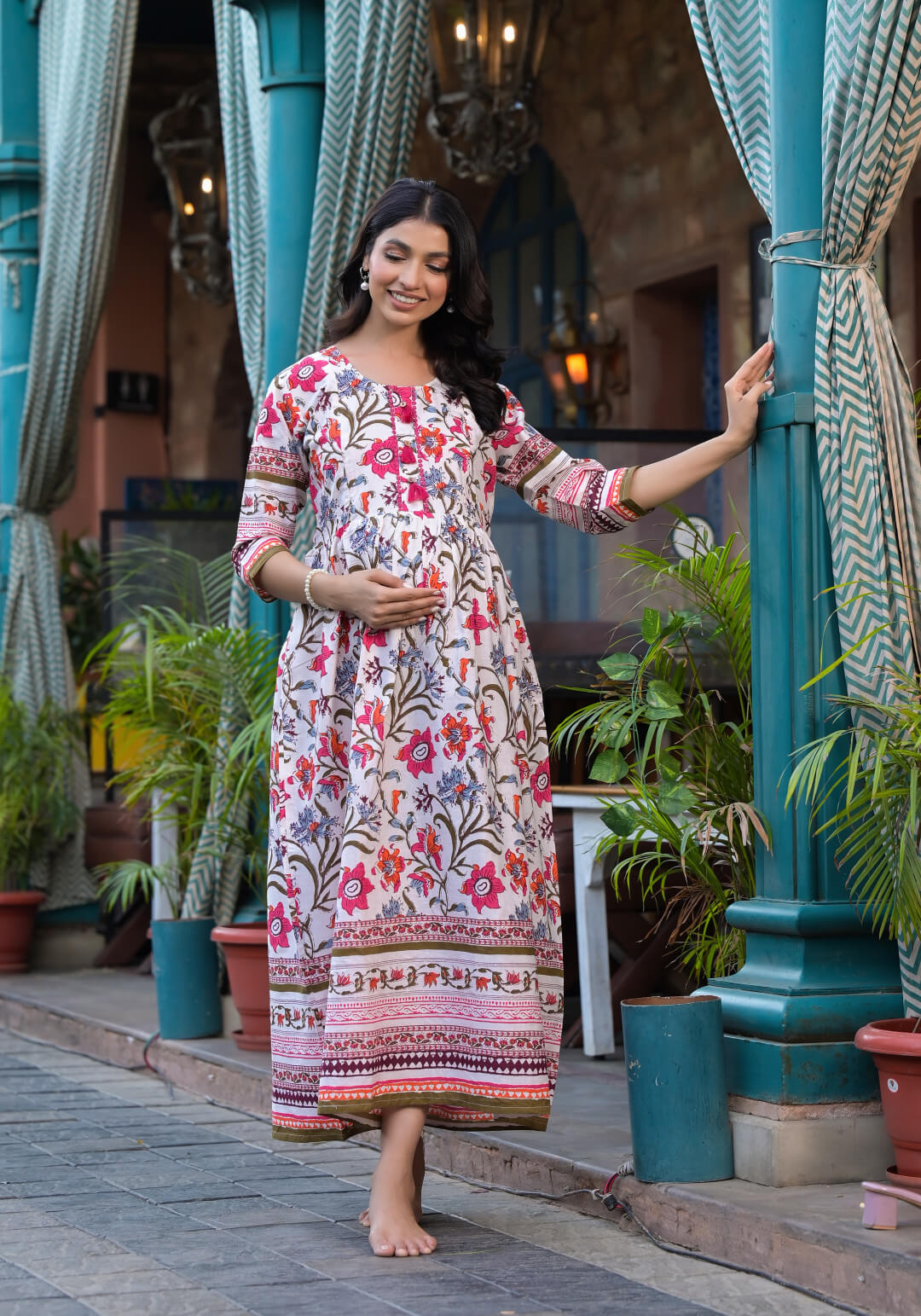 Cream Multi Floral Print Maternity & Feeding Midi Dress with Concealed Zipper