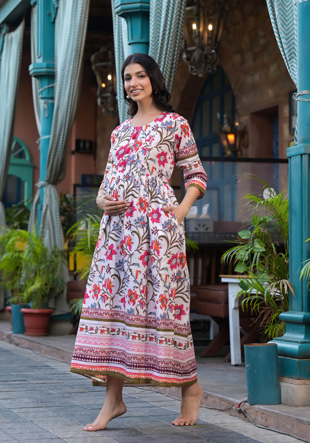 Cream Multi Floral Print Maternity & Feeding Midi Dress with Concealed Zipper
