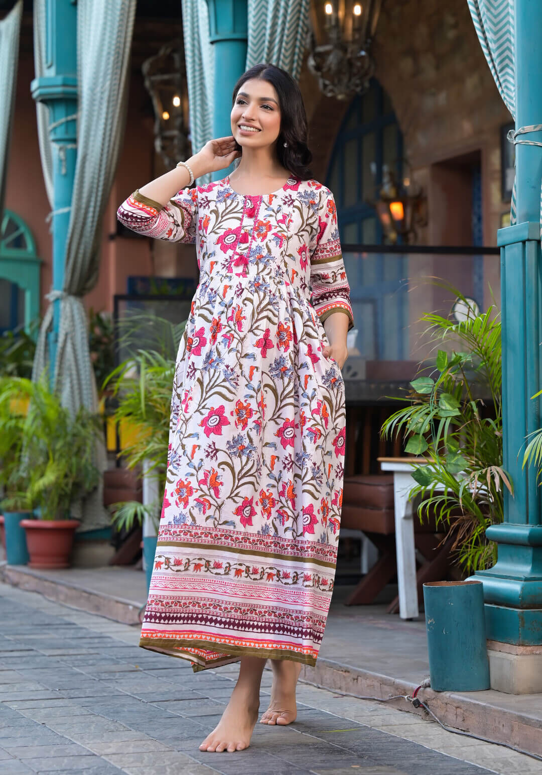 Cream Multi Floral Print Maternity & Feeding Midi Dress with Concealed Zipper