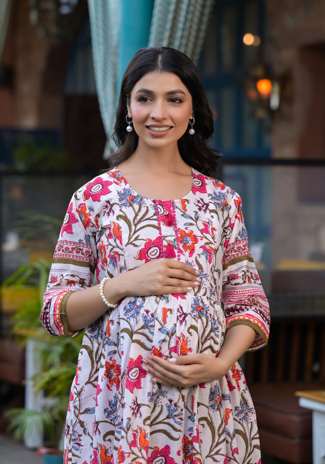 Cream Multi Floral Print Maternity & Feeding Midi Dress with Concealed Zipper