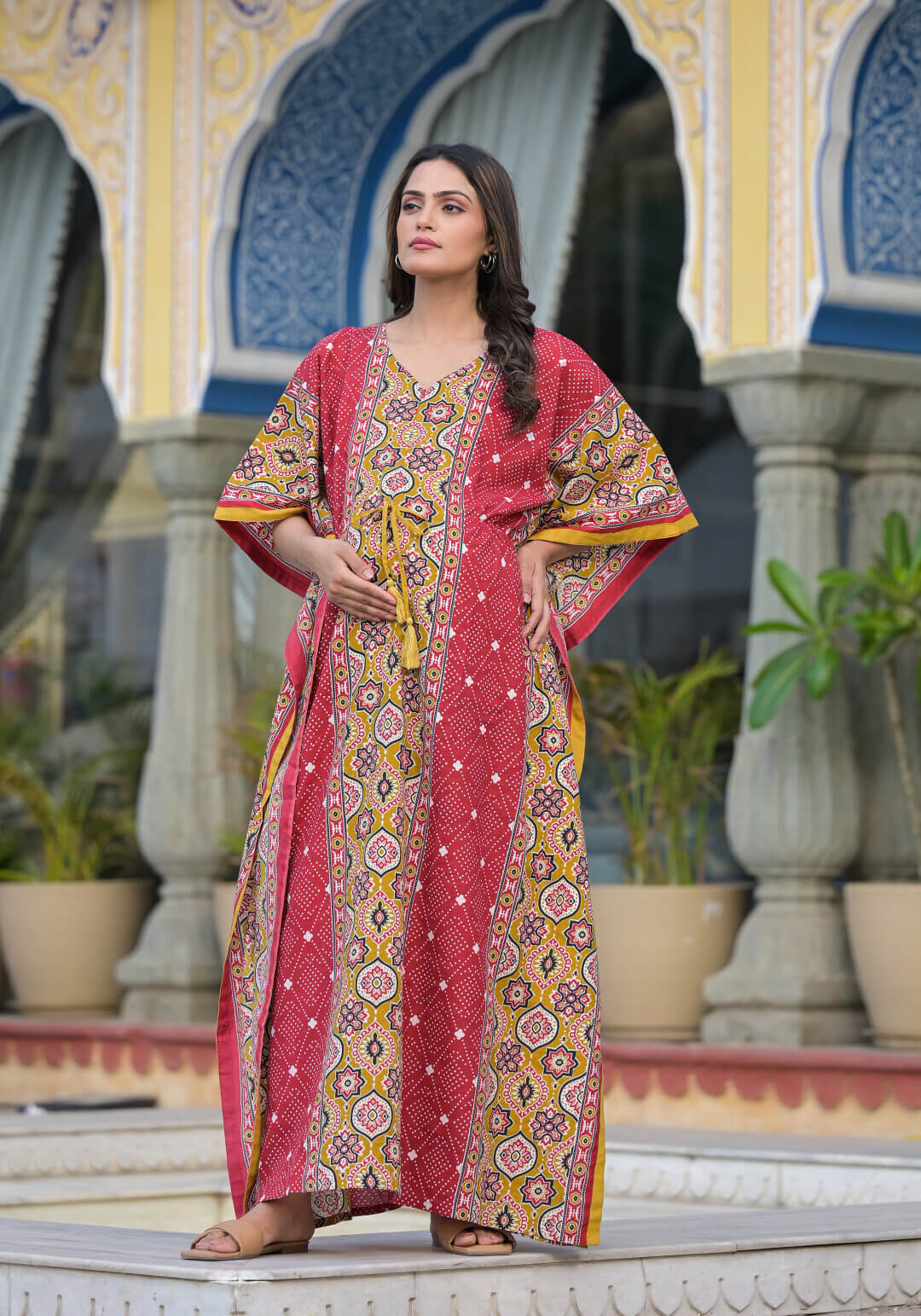 Red Mustard Ethnic Print Maternity & Feeding Kaftan Dress with Concealed Zipper