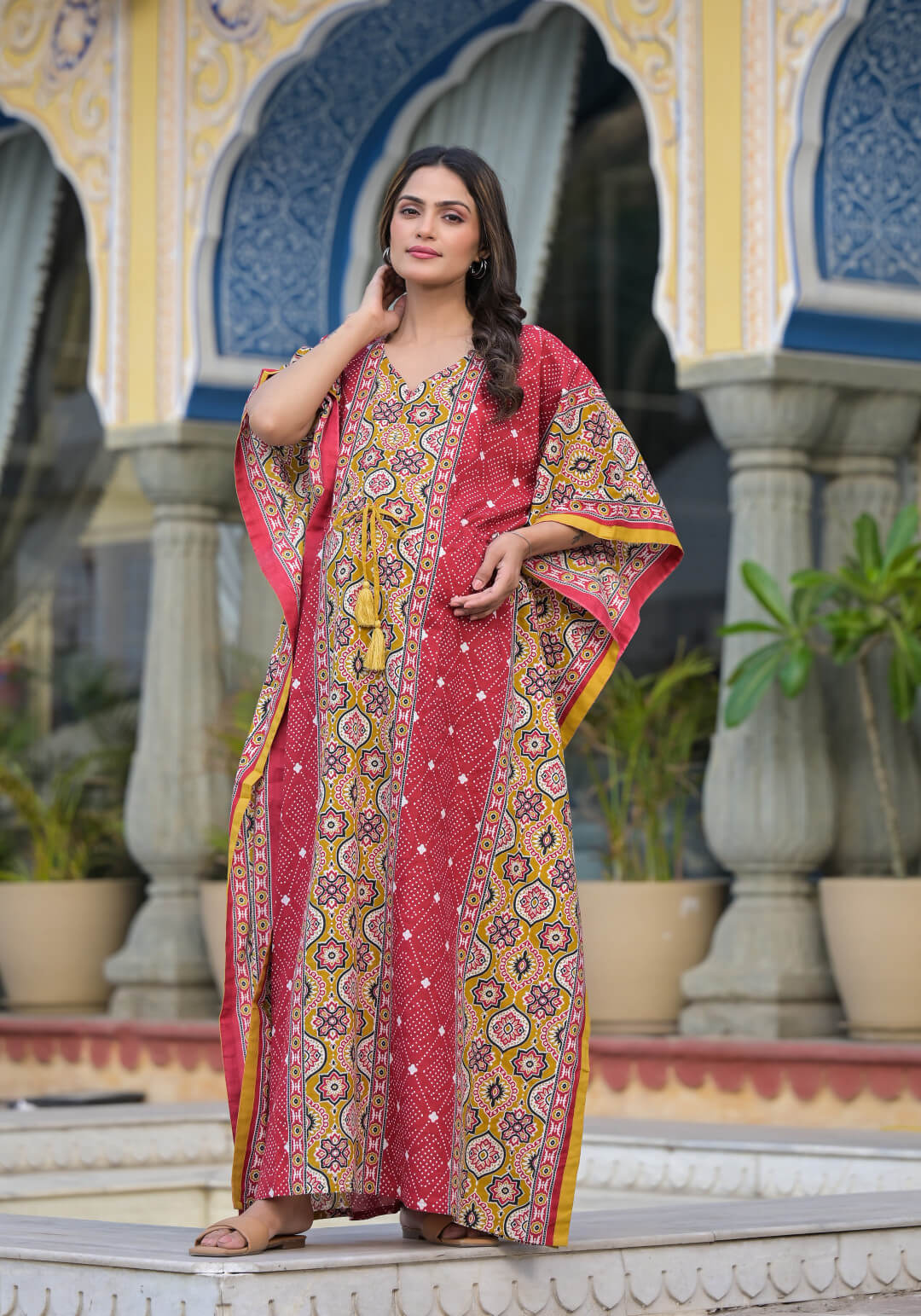 Red Mustard Ethnic Print Maternity & Feeding Kaftan Dress with Concealed Zipper