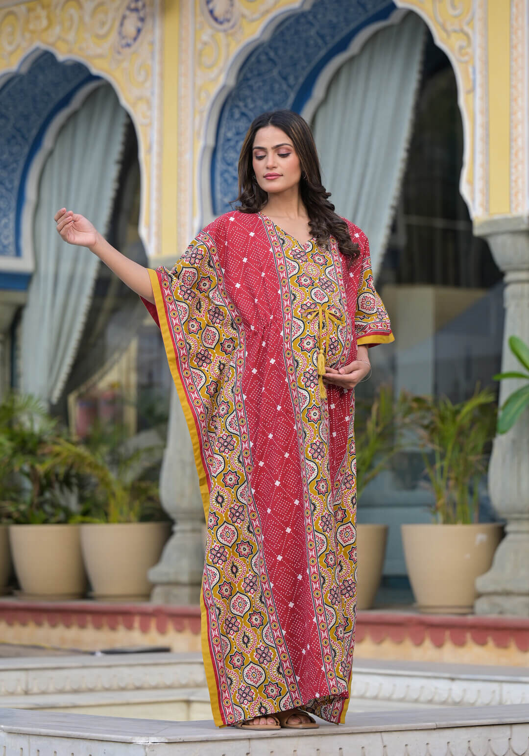 Red Mustard Ethnic Print Maternity & Feeding Kaftan Dress with Concealed Zipper
